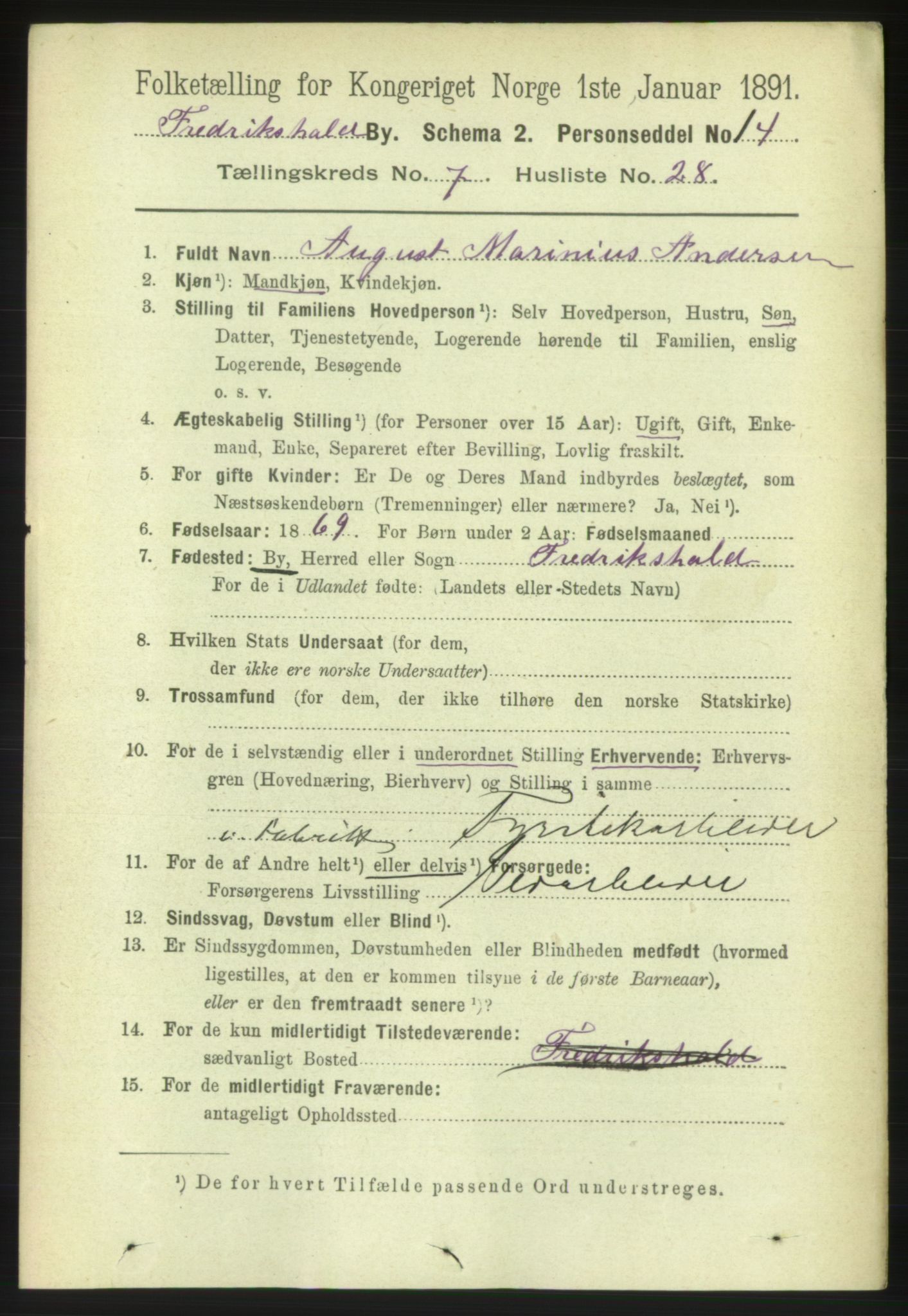 RA, 1891 census for 0101 Fredrikshald, 1891, p. 5394