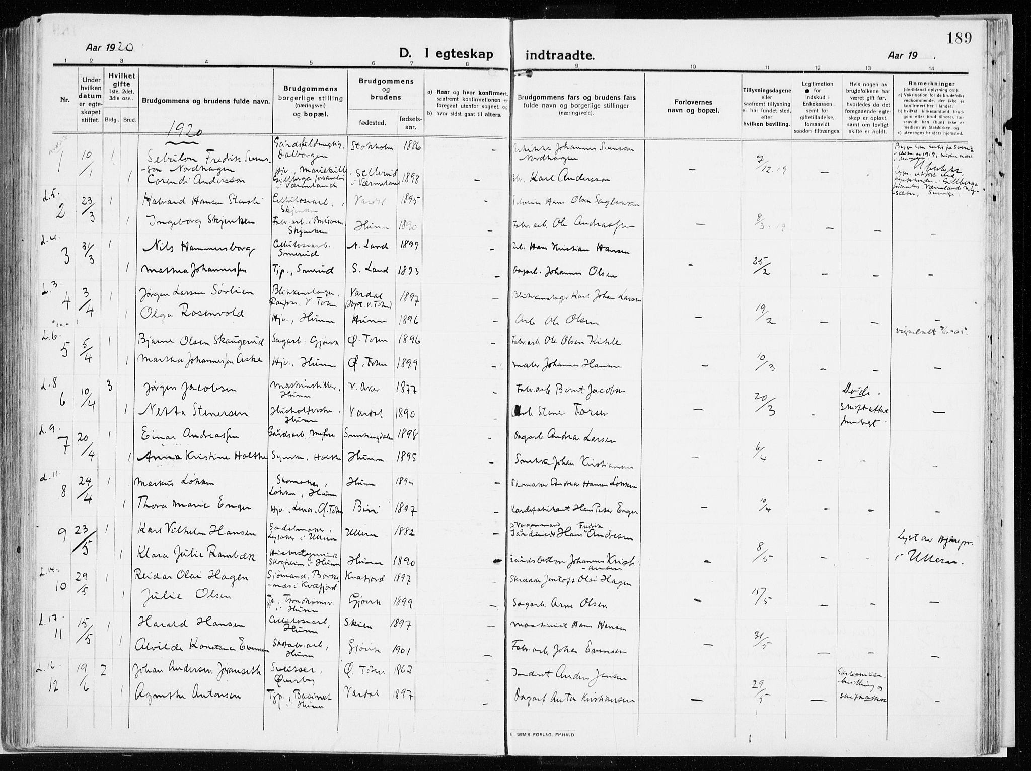 Vardal prestekontor, SAH/PREST-100/H/Ha/Haa/L0017: Parish register (official) no. 17, 1915-1929, p. 189