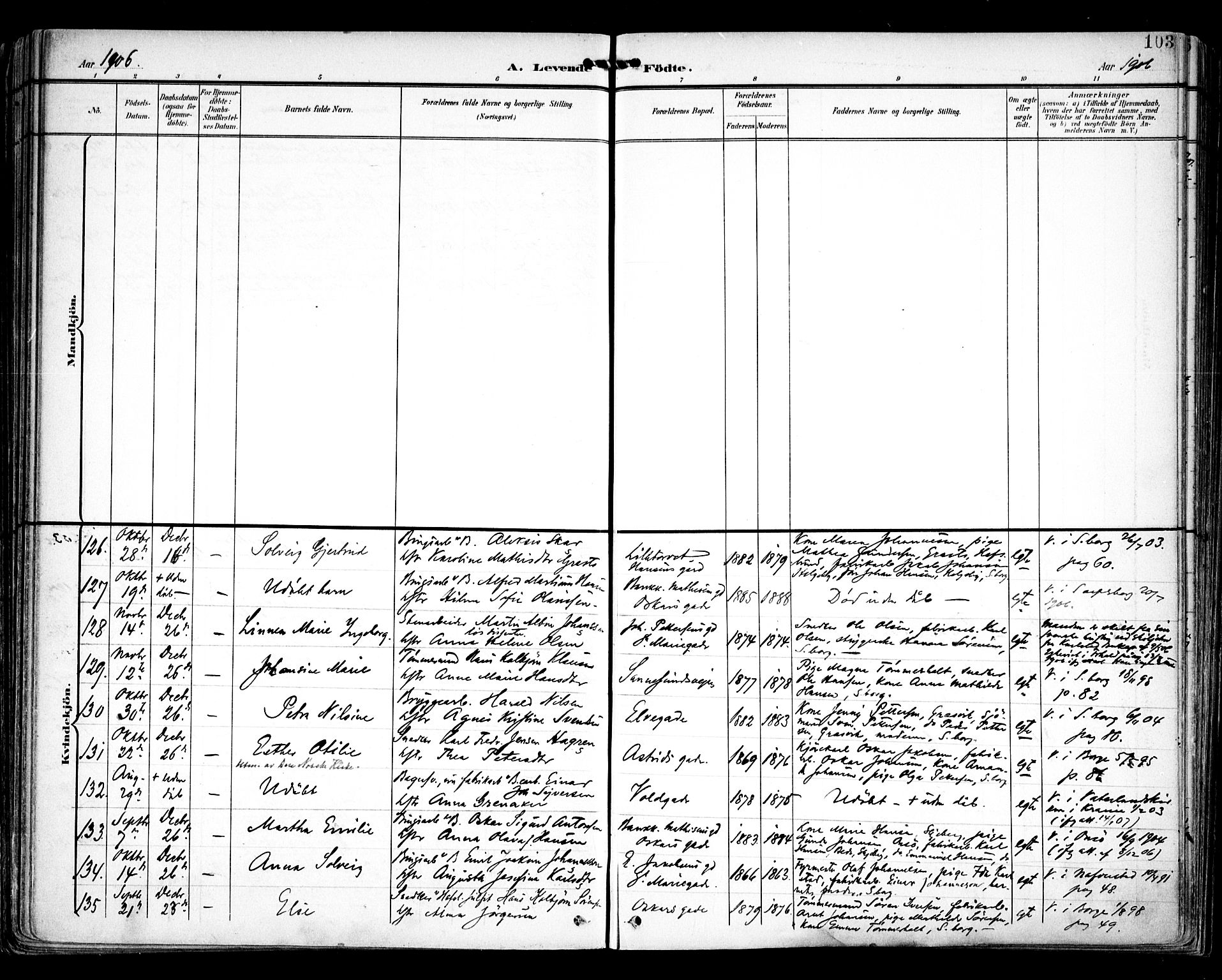 Sarpsborg prestekontor Kirkebøker, AV/SAO-A-2006/F/Fa/L0005: Parish register (official) no. 5, 1900-1909, p. 103