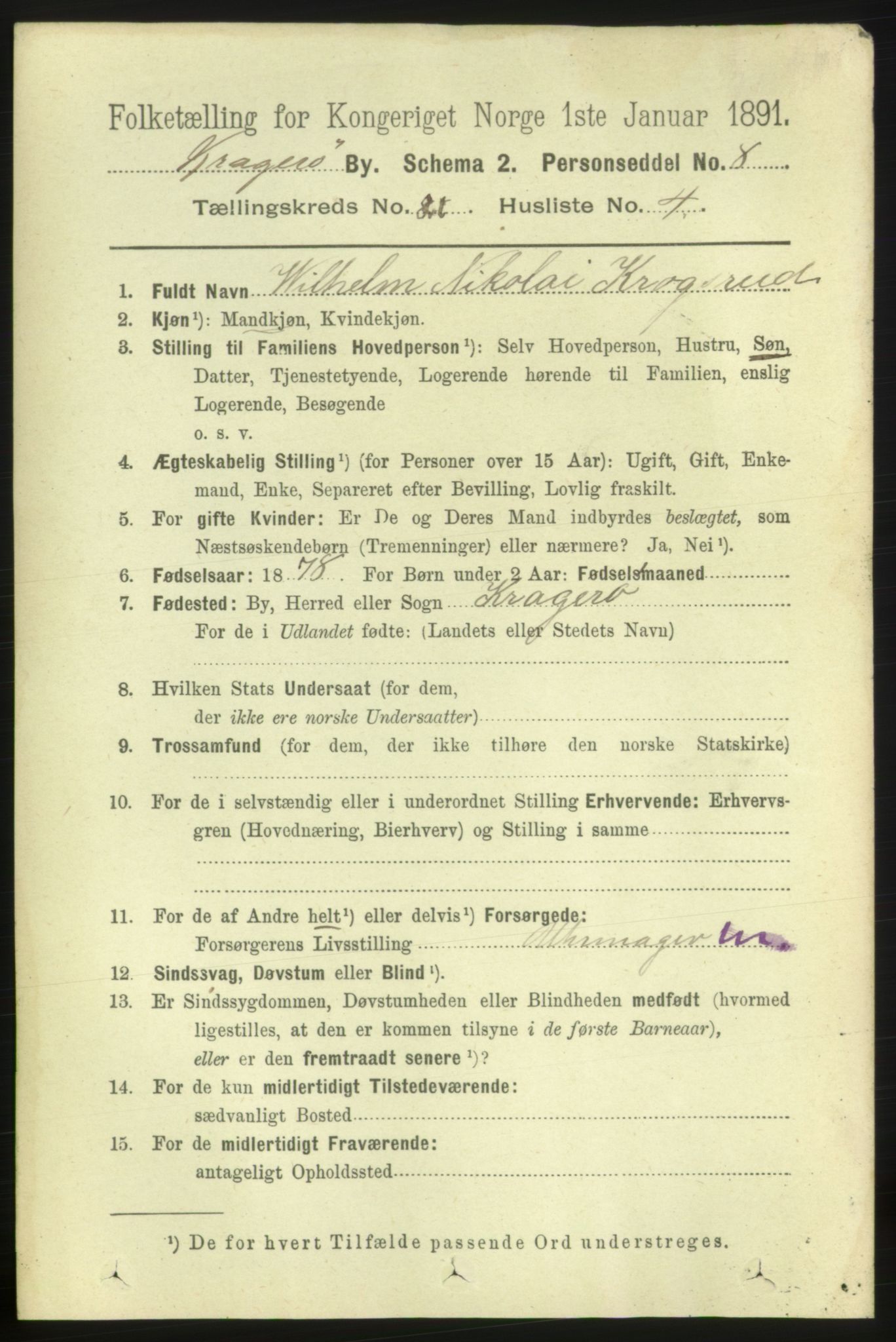 RA, 1891 census for 0801 Kragerø, 1891, p. 4732