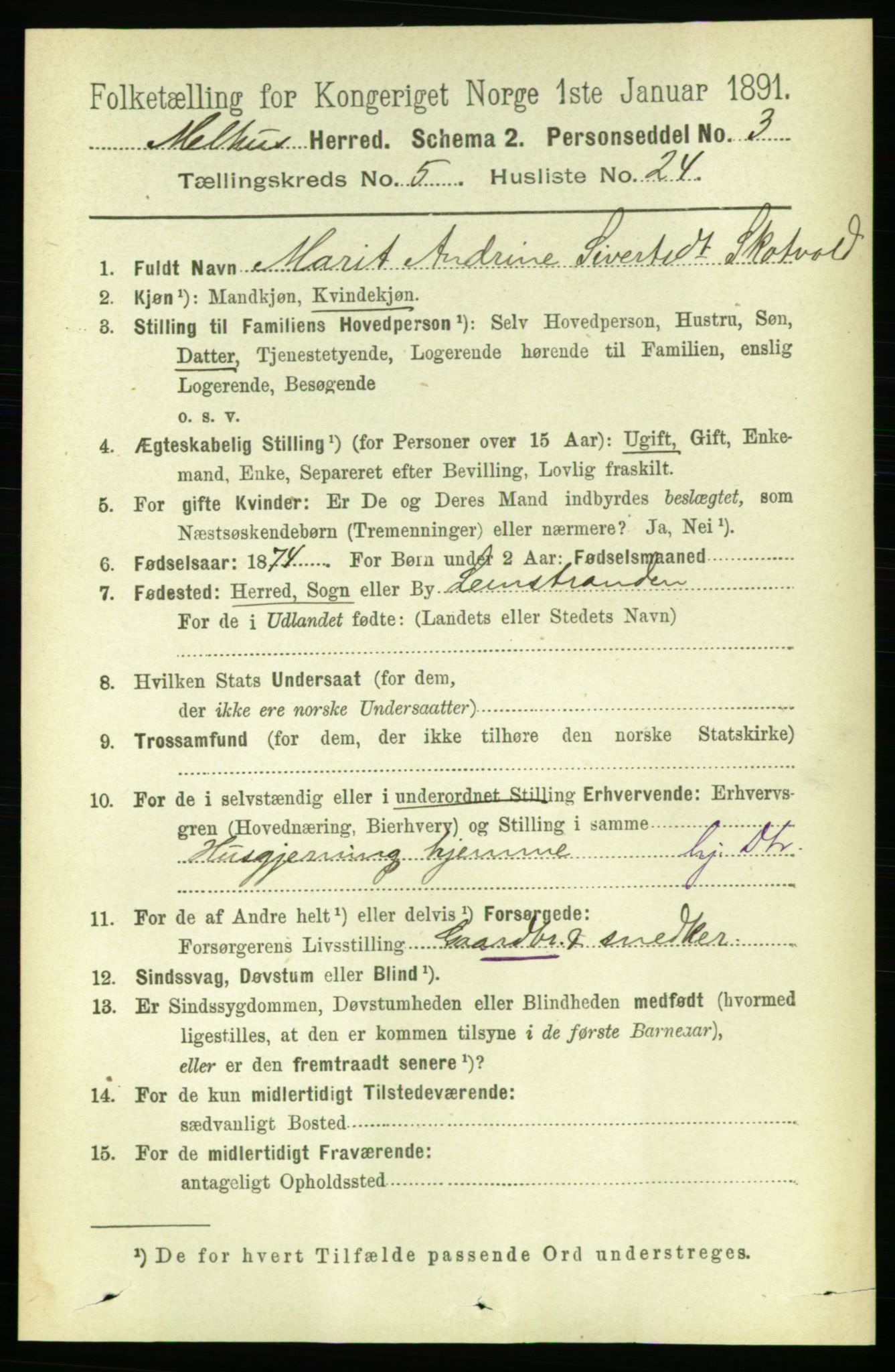 RA, 1891 census for 1653 Melhus, 1891, p. 2559
