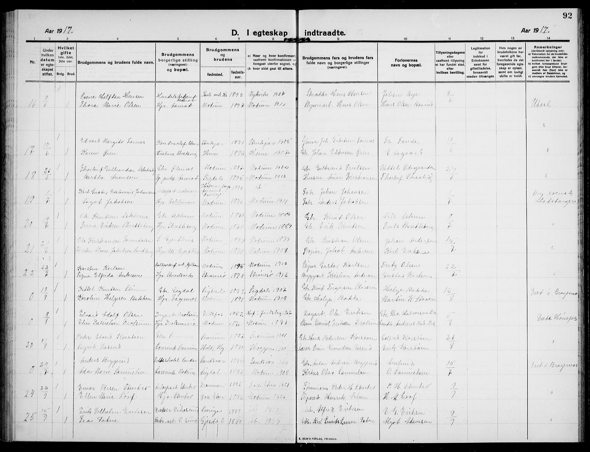 Modum kirkebøker, AV/SAKO-A-234/G/Ga/L0010: Parish register (copy) no. I 10, 1909-1923, p. 92