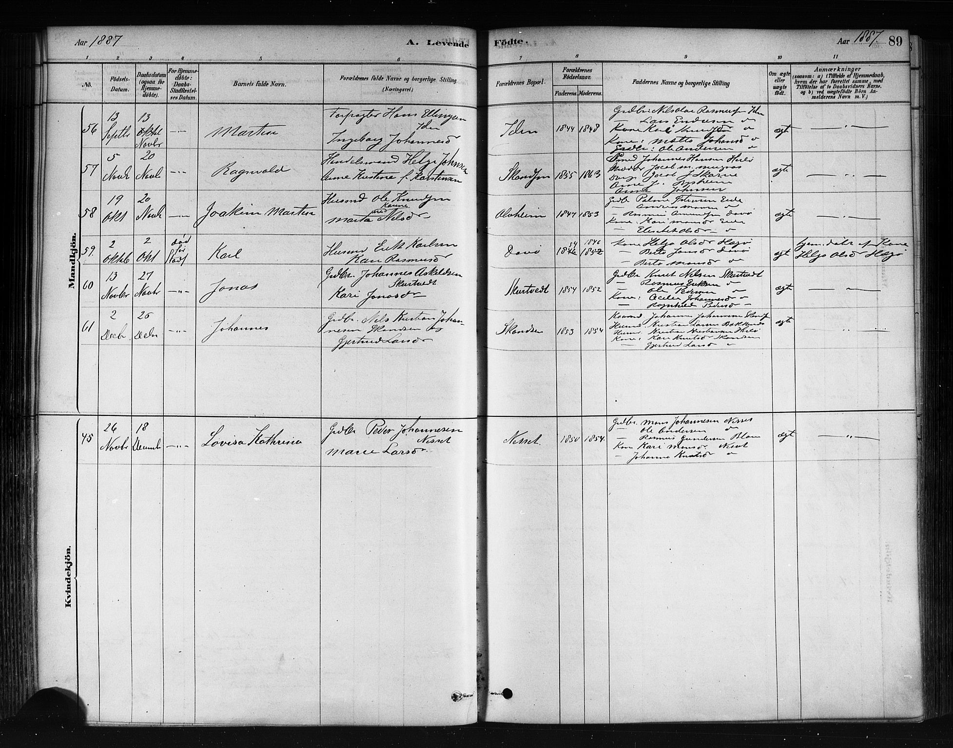 Herdla Sokneprestembete, AV/SAB-A-75701/H/Haa: Parish register (official) no. A 3, 1878-1890, p. 89