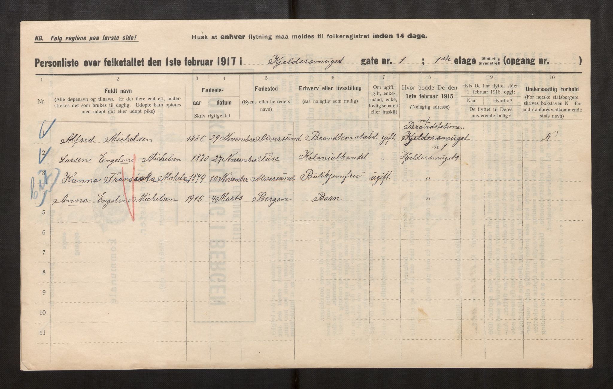 SAB, Municipal Census 1917 for Bergen, 1917, p. 17652