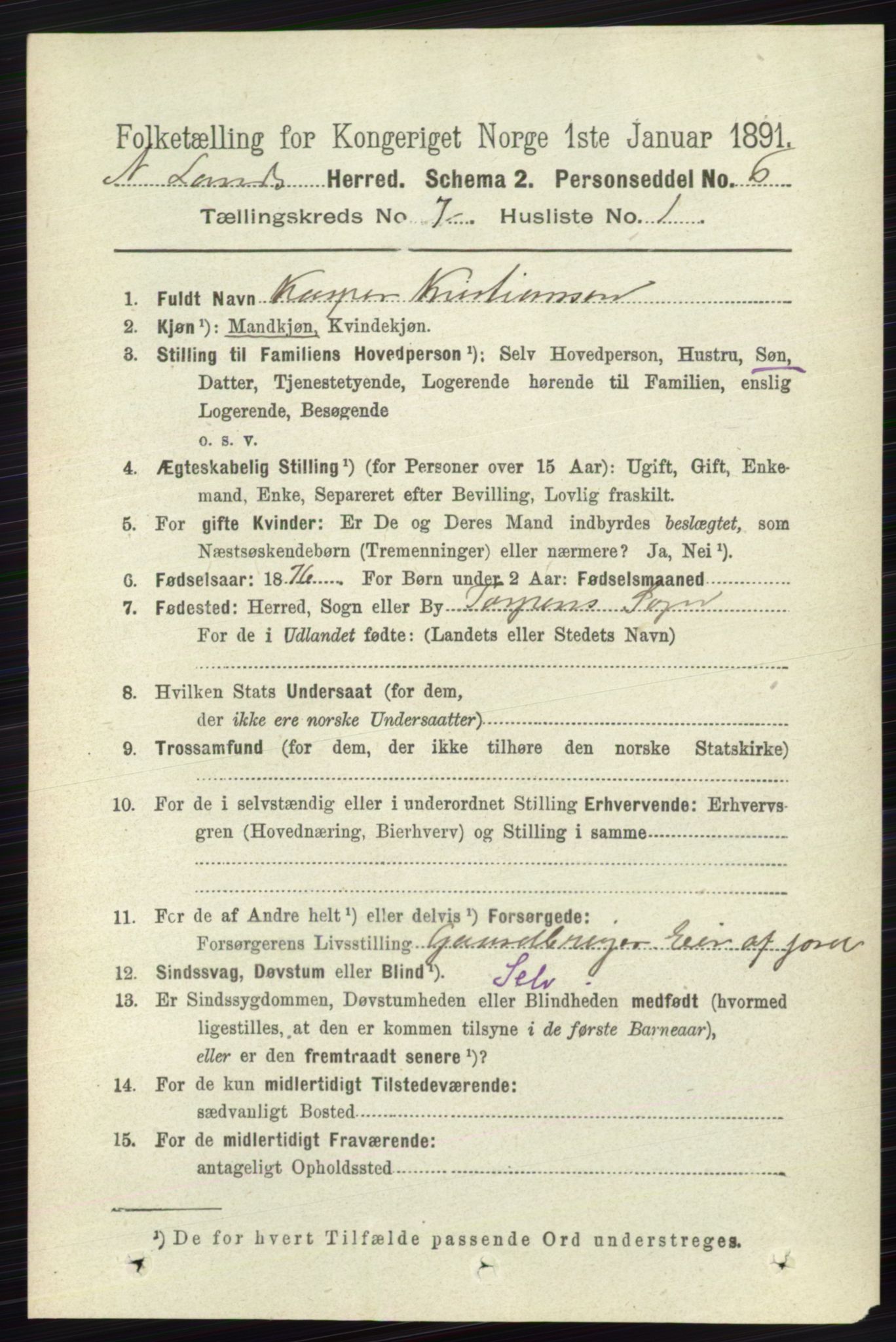 RA, 1891 census for 0538 Nordre Land, 1891, p. 1940