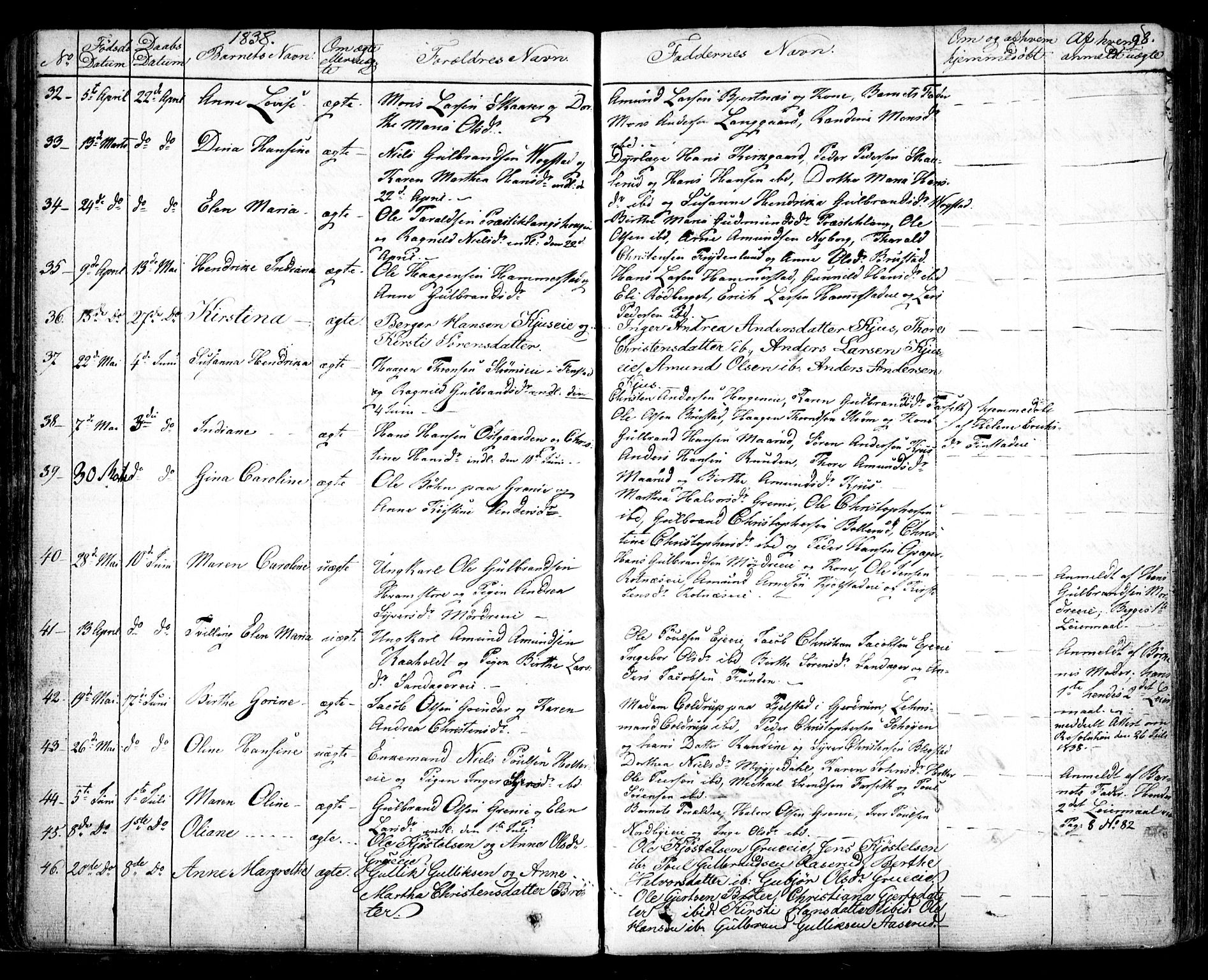 Nes prestekontor Kirkebøker, AV/SAO-A-10410/F/Fa/L0006: Parish register (official) no. I 6, 1833-1845, p. 98