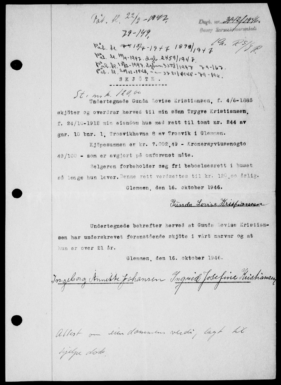 Onsøy sorenskriveri, SAO/A-10474/G/Ga/Gab/L0018: Mortgage book no. II A-18, 1946-1947, Diary no: : 3142/1946