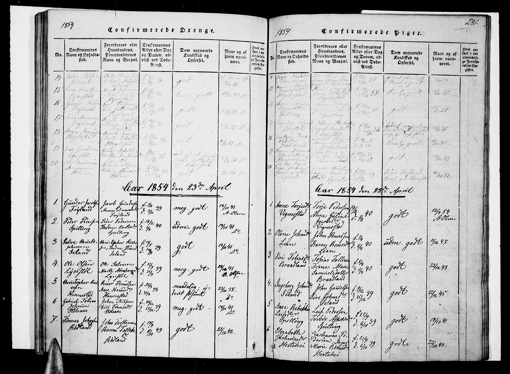 Nord-Audnedal sokneprestkontor, SAK/1111-0032/F/Fa/Fab/L0001: Parish register (official) no. A 1, 1816-1858, p. 281