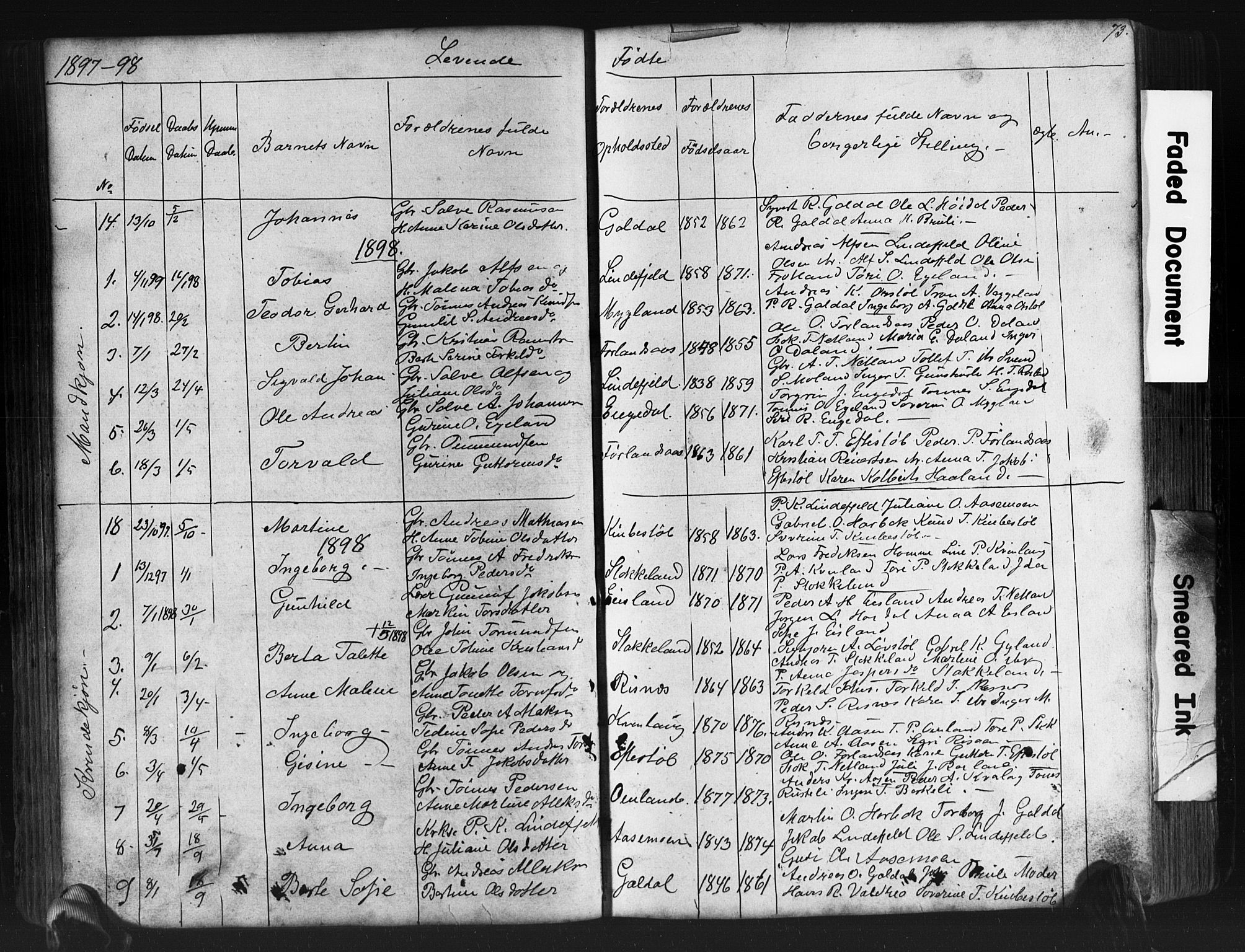 Fjotland sokneprestkontor, SAK/1111-0010/F/Fb/L0003: Parish register (copy) no. B 3, 1872-1924, p. 73