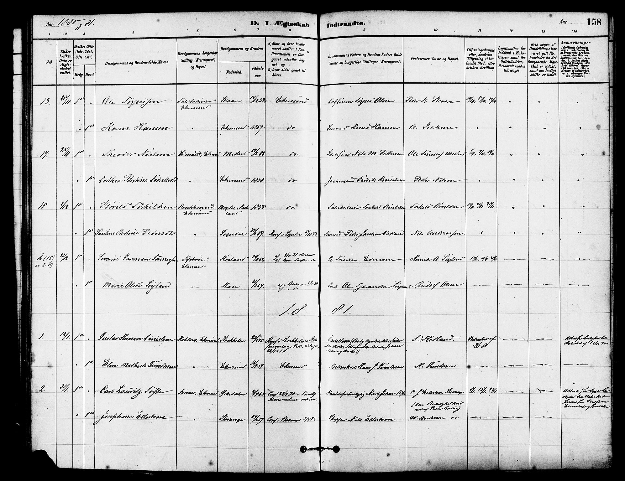 Eigersund sokneprestkontor, SAST/A-101807/S08/L0015: Parish register (official) no. A 15, 1879-1892, p. 158