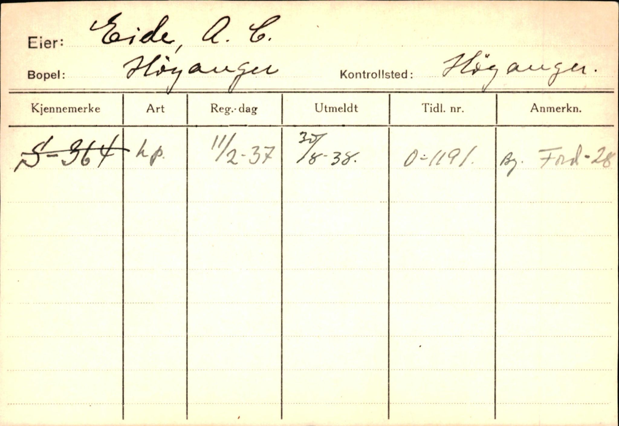 Statens vegvesen, Sogn og Fjordane vegkontor, SAB/A-5301/4/F/L0130: Eigarregister Eid T-Å. Høyanger A-O, 1945-1975, p. 929