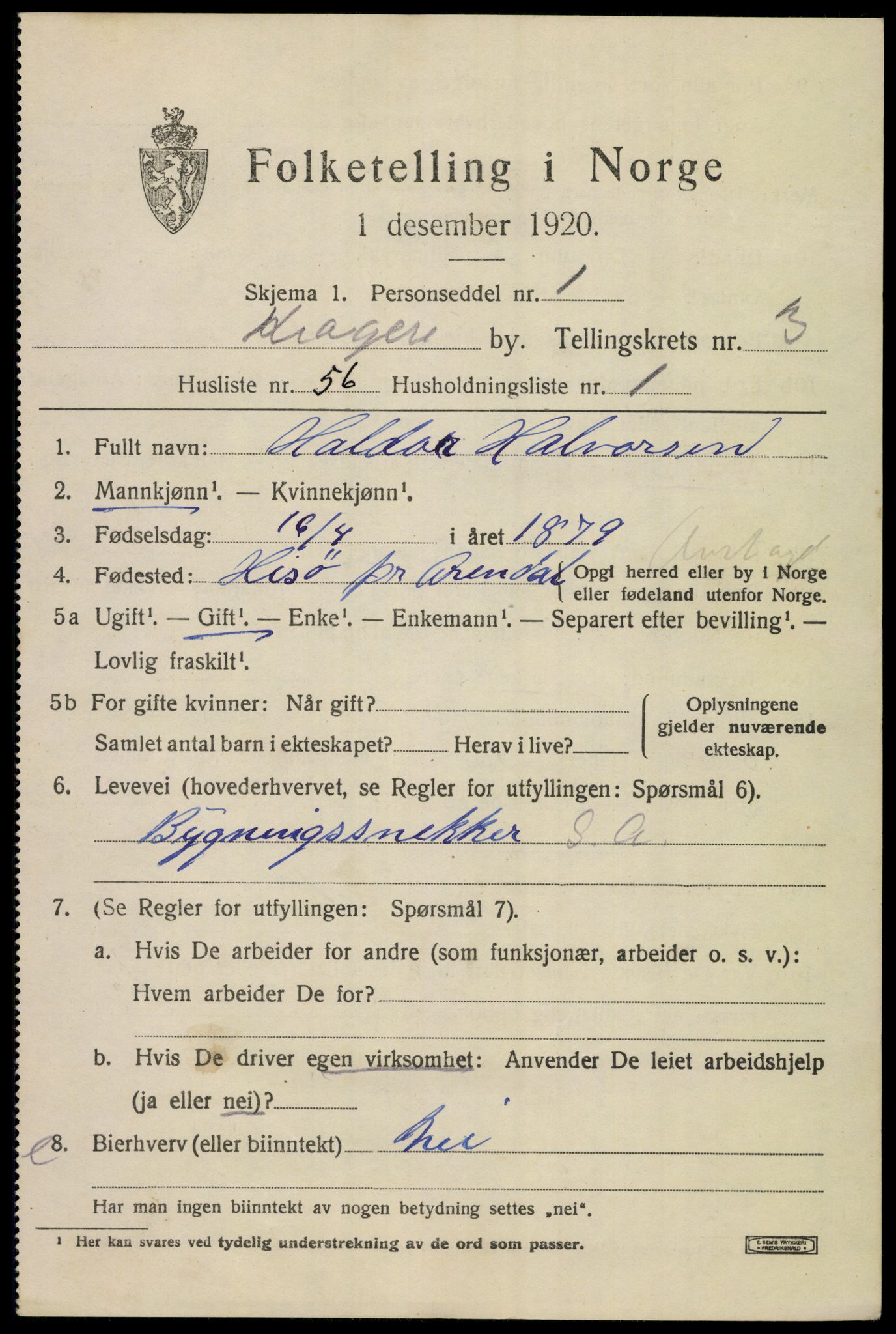 SAKO, 1920 census for Kragerø, 1920, p. 7687