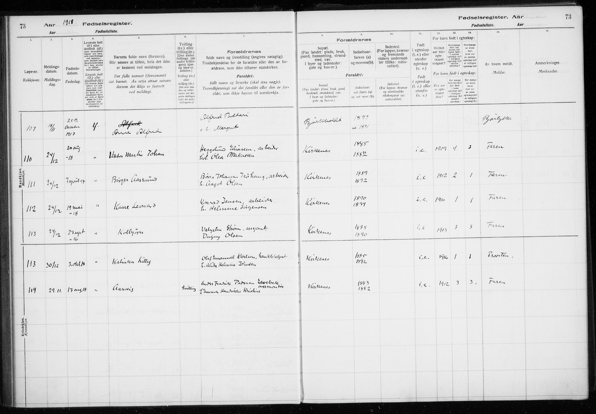 Sør-Varanger sokneprestkontor, AV/SATØ-S-1331/I/Ia/L0016: Birth register no. 16, 1915-1925, p. 73