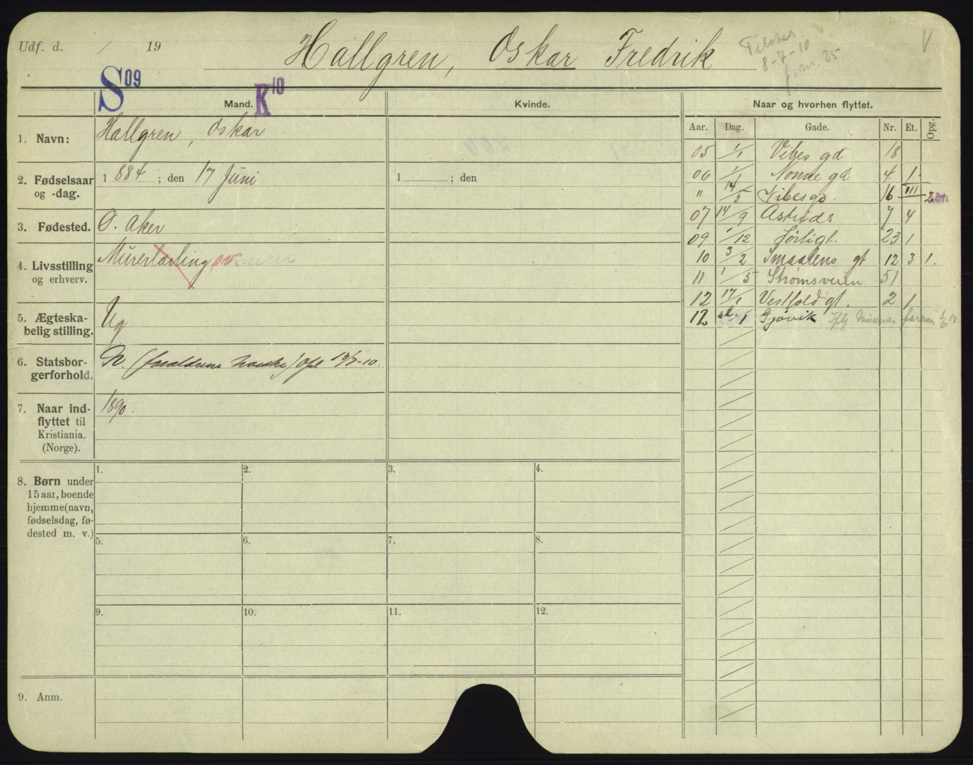 Oslo folkeregister, Registerkort, AV/SAO-A-11715/F/Fa/Fac/L0003: Menn, 1906-1914, p. 1077a