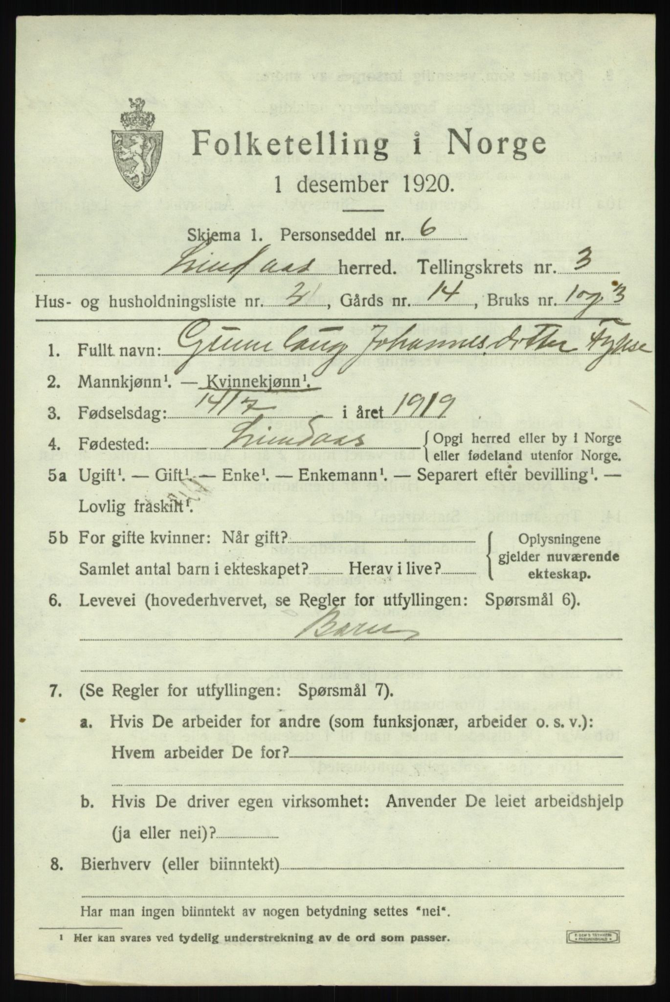 SAB, 1920 census for Lindås, 1920, p. 2241