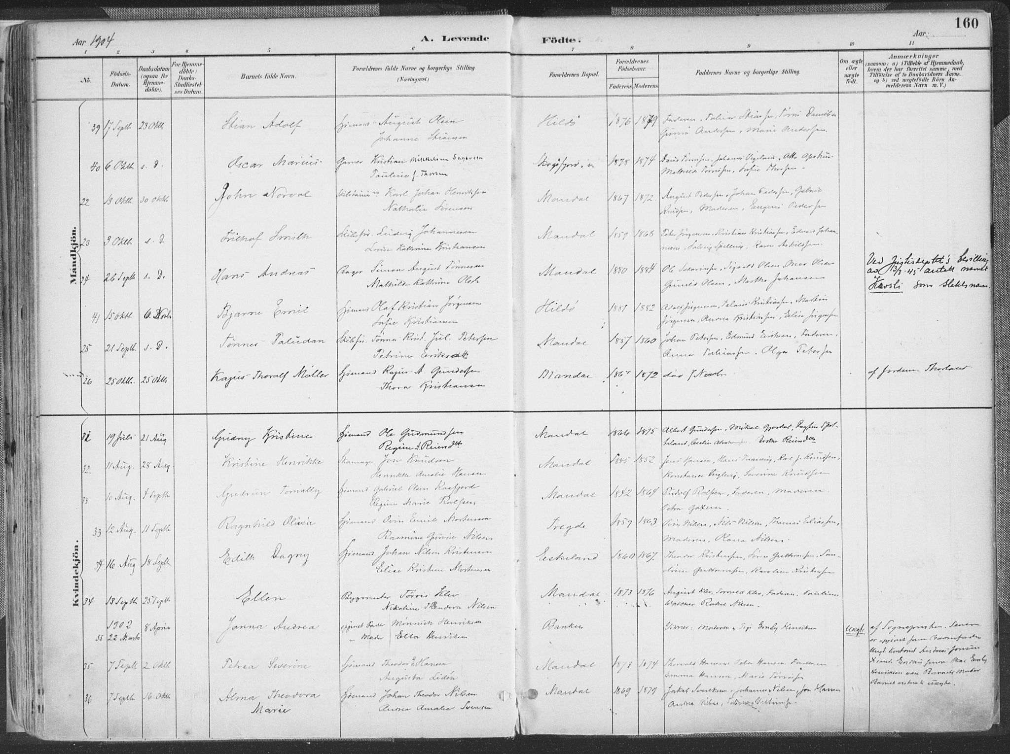 Mandal sokneprestkontor, AV/SAK-1111-0030/F/Fa/Faa/L0018: Parish register (official) no. A 18, 1890-1905, p. 160