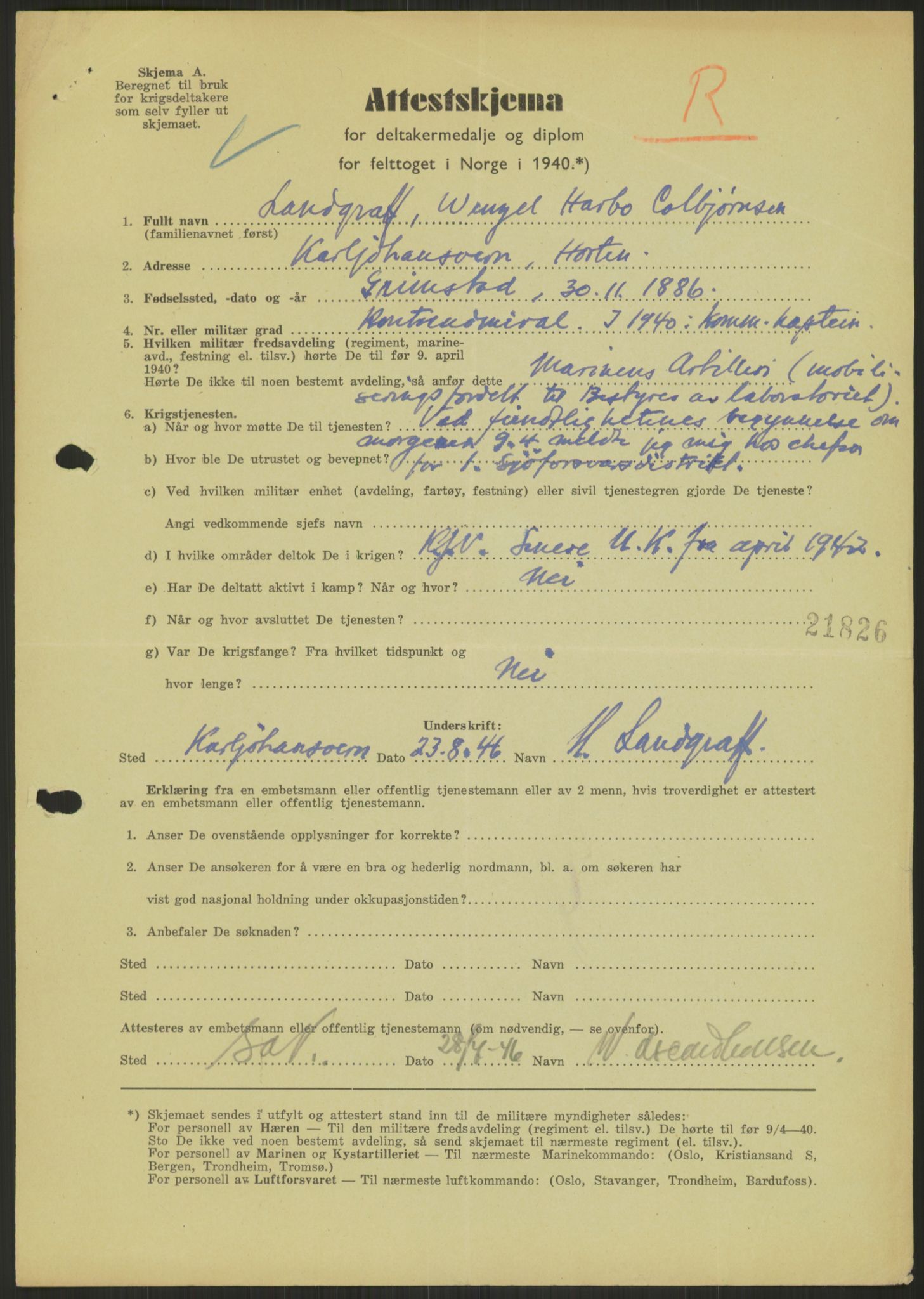 Forsvaret, Krigsdekorasjonskanselliet, RA/RAFA-5156/F/Fa/L0040: Deltagermedaljen 1940 - Attestskjemaer L - Ø (Sjøforsvaret), 1946-1948, p. 7