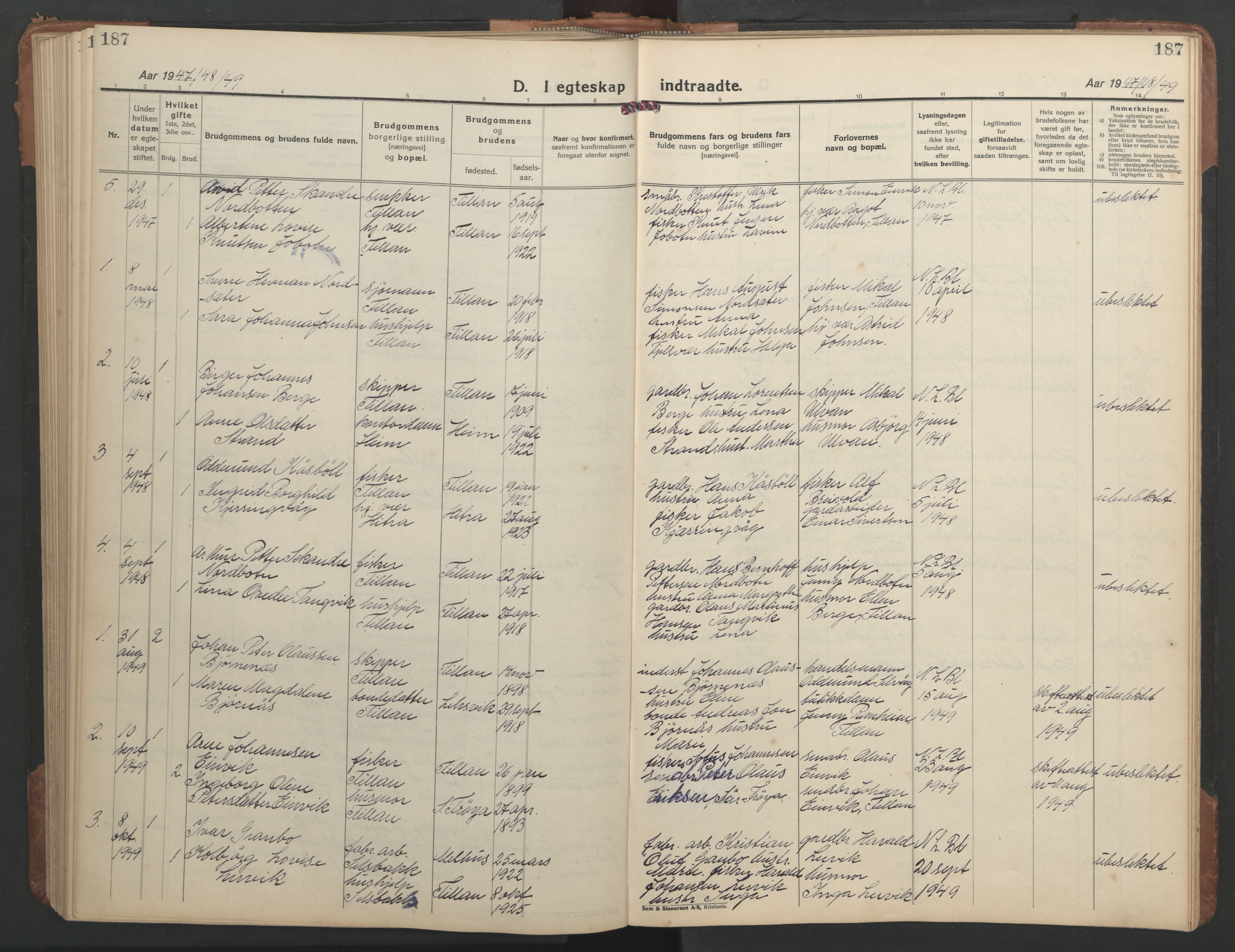 Ministerialprotokoller, klokkerbøker og fødselsregistre - Sør-Trøndelag, SAT/A-1456/638/L0569: Parish register (copy) no. 638C01, 1923-1961, p. 187