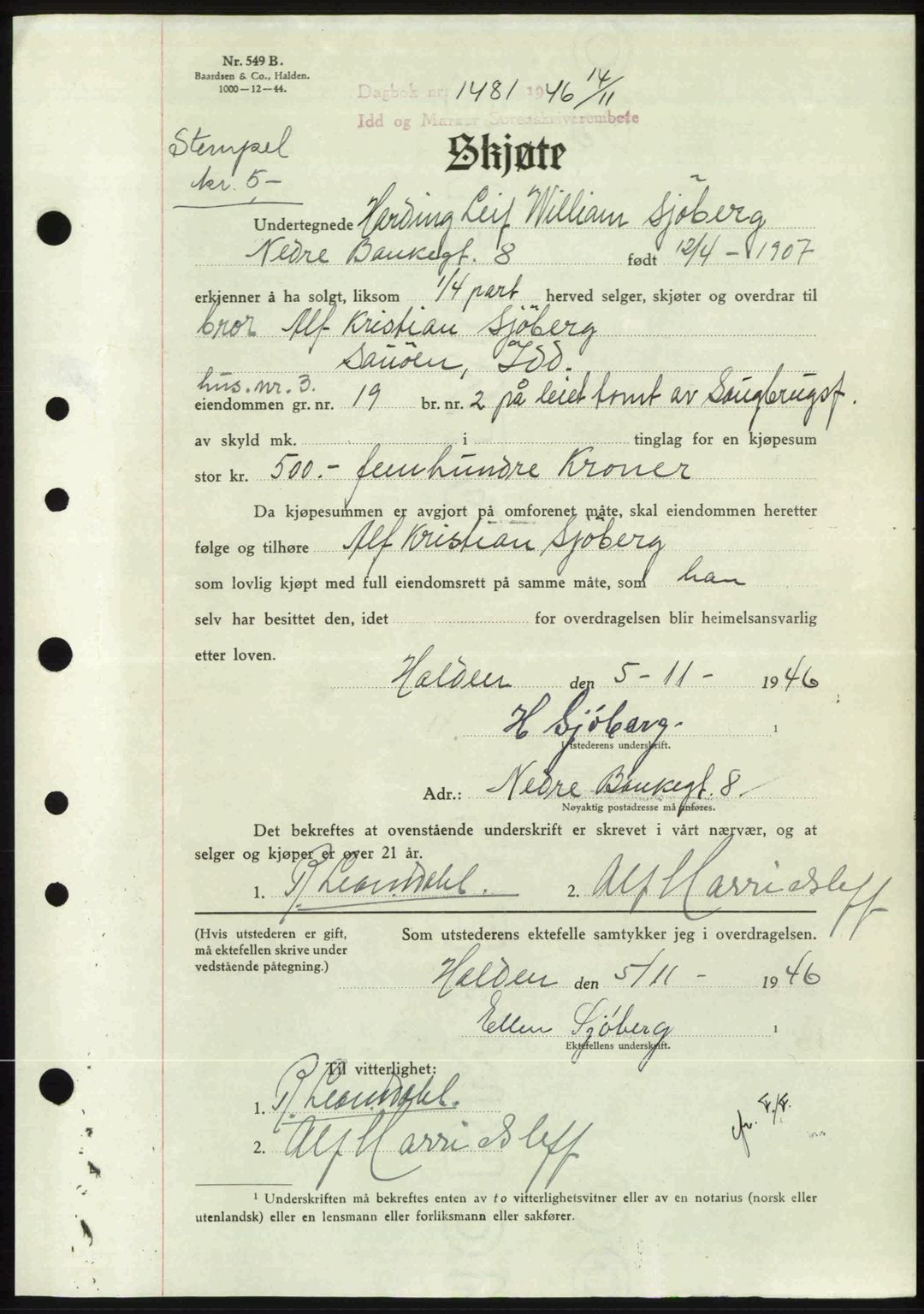 Idd og Marker sorenskriveri, AV/SAO-A-10283/G/Gb/Gbb/L0008: Mortgage book no. A8, 1946-1946, Diary no: : 1481/1946