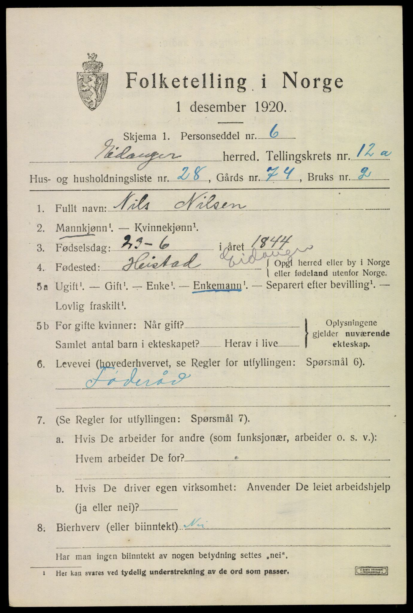 SAKO, 1920 census for Eidanger, 1920, p. 7496