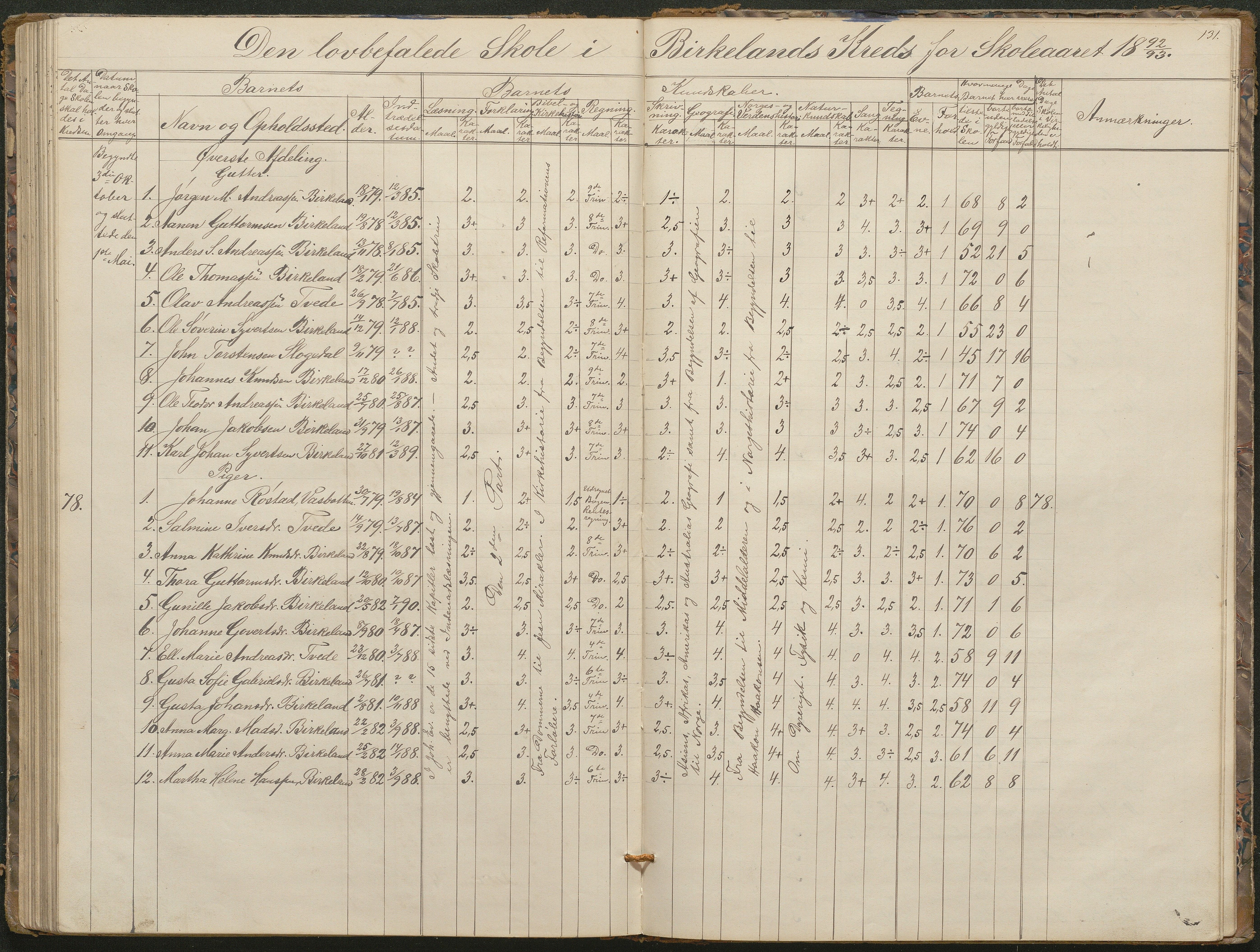 Birkenes kommune, Birkenes krets/Birkeland folkeskole frem til 1991, AAKS/KA0928-550a_91/F02/L0001: Skoleprotokoll, 1862-1896, p. 131