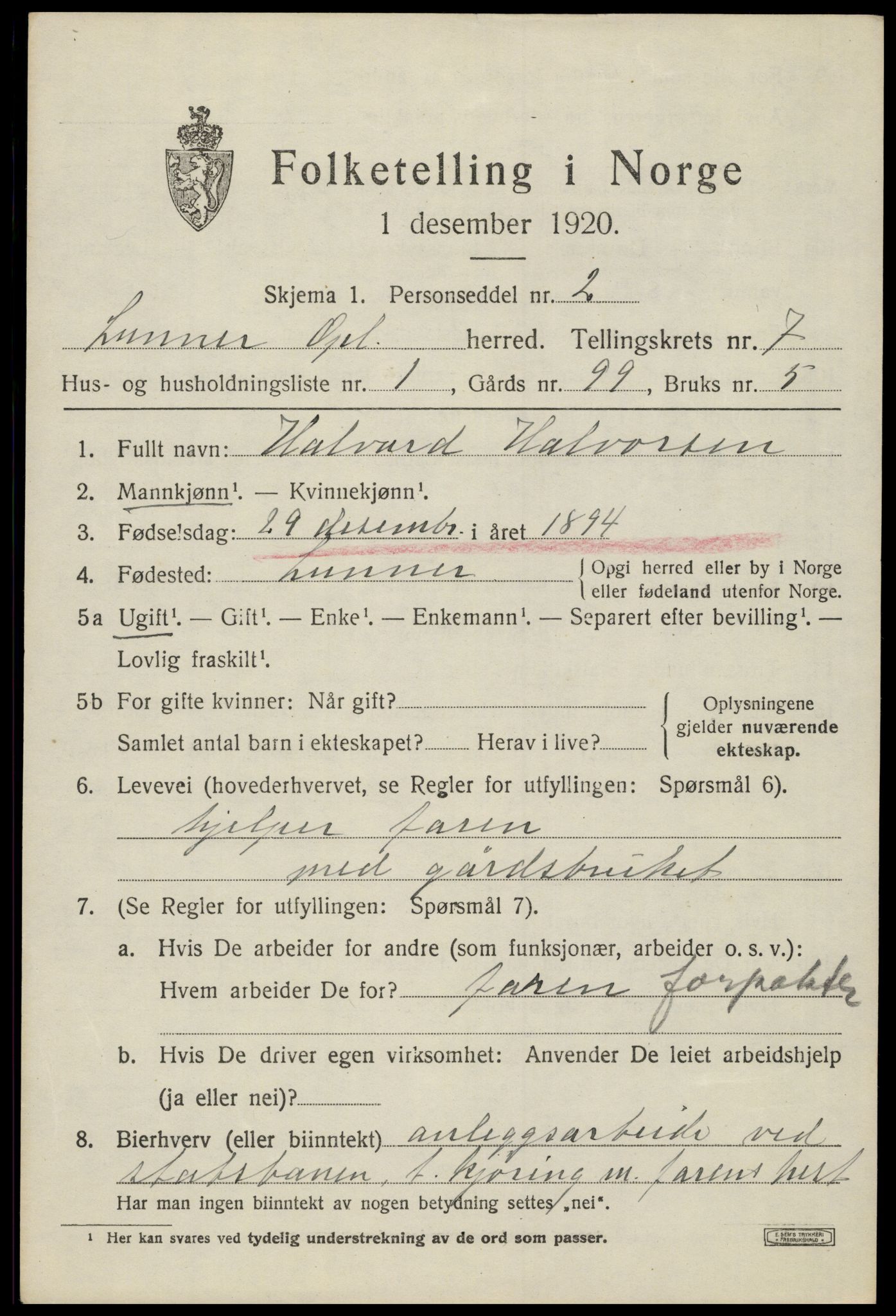 SAH, 1920 census for Lunner, 1920, p. 8633