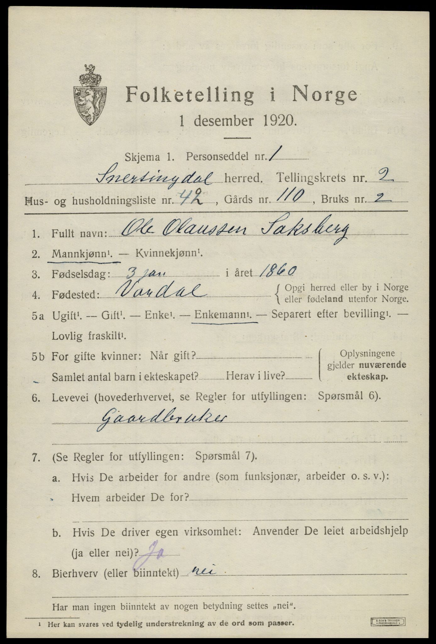 SAH, 1920 census for Snertingdal, 1920, p. 1905