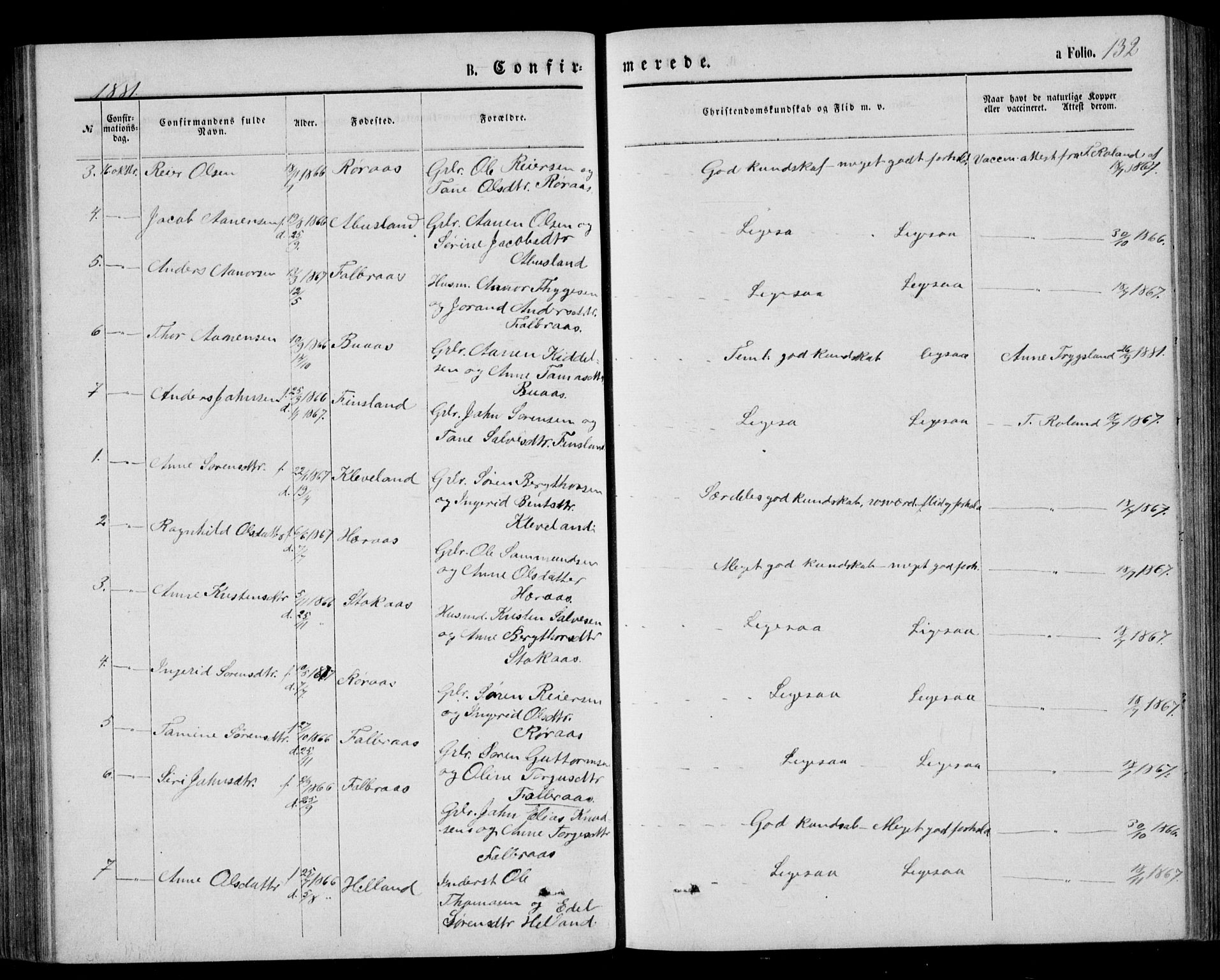 Bjelland sokneprestkontor, AV/SAK-1111-0005/F/Fb/Fbb/L0004: Parish register (copy) no. B 4, 1867-1887, p. 132