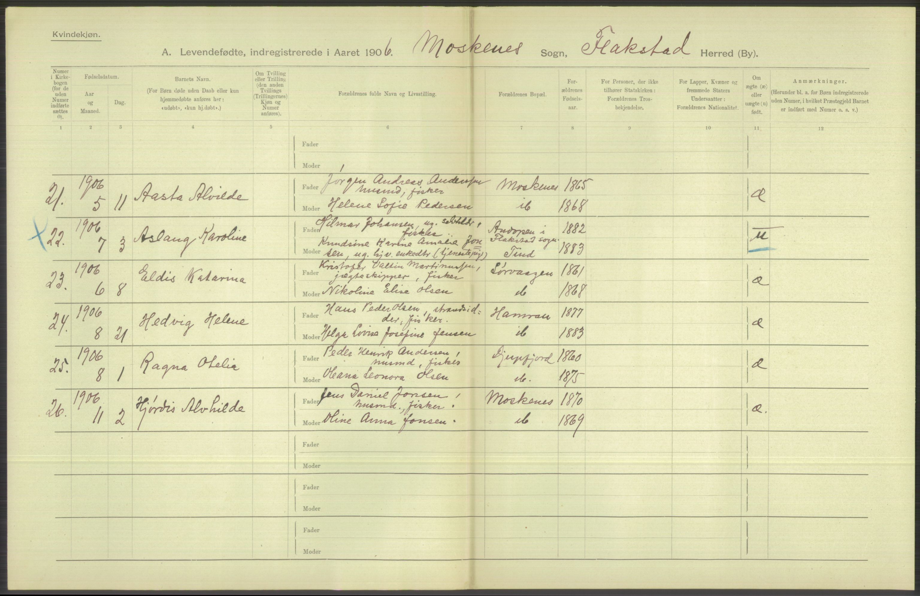 Statistisk sentralbyrå, Sosiodemografiske emner, Befolkning, AV/RA-S-2228/D/Df/Dfa/Dfad/L0044: Nordlands amt: Levendefødte menn og kvinner. Bygder., 1906, p. 78