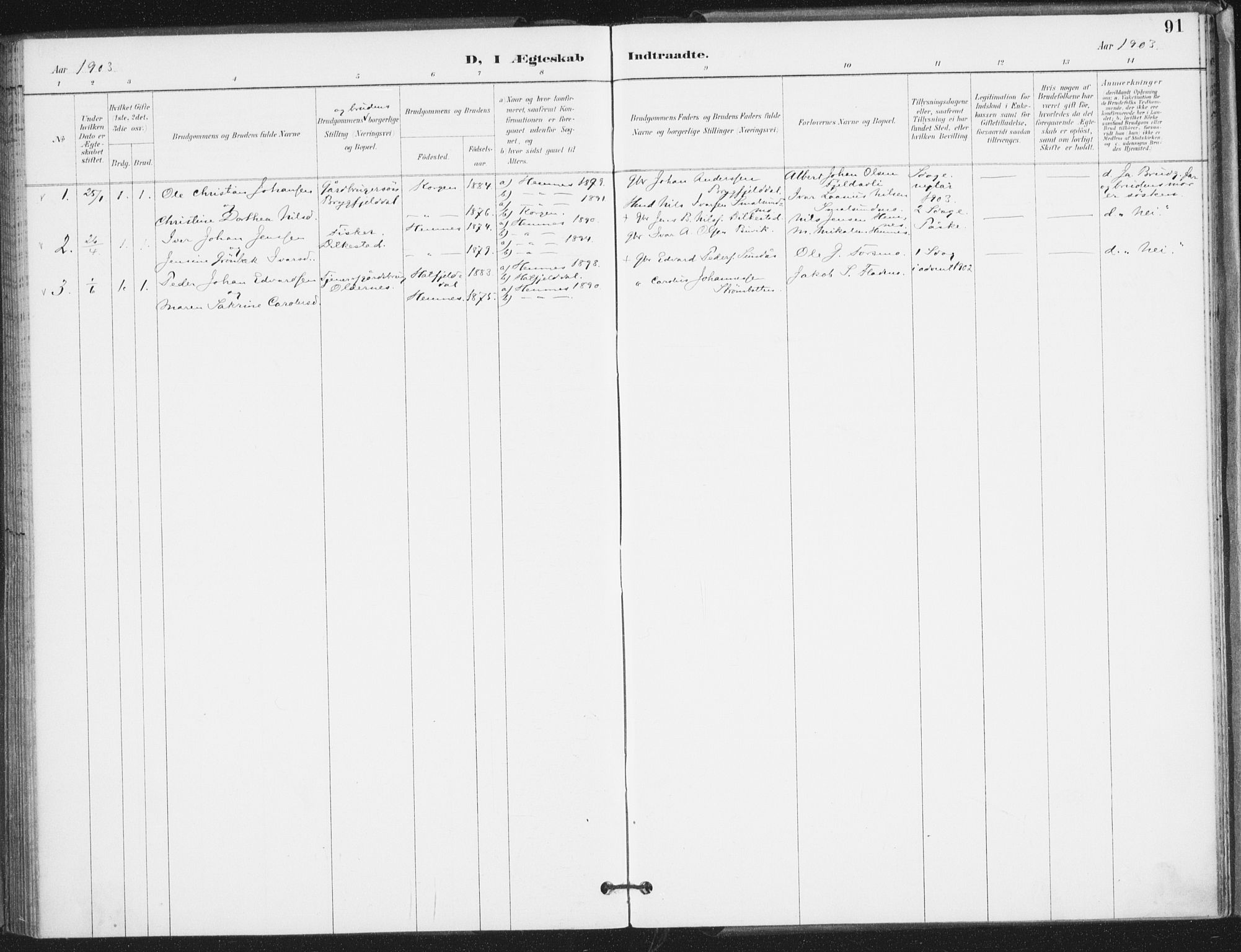 Ministerialprotokoller, klokkerbøker og fødselsregistre - Nordland, AV/SAT-A-1459/826/L0380: Parish register (official) no. 826A03, 1891-1911, p. 91