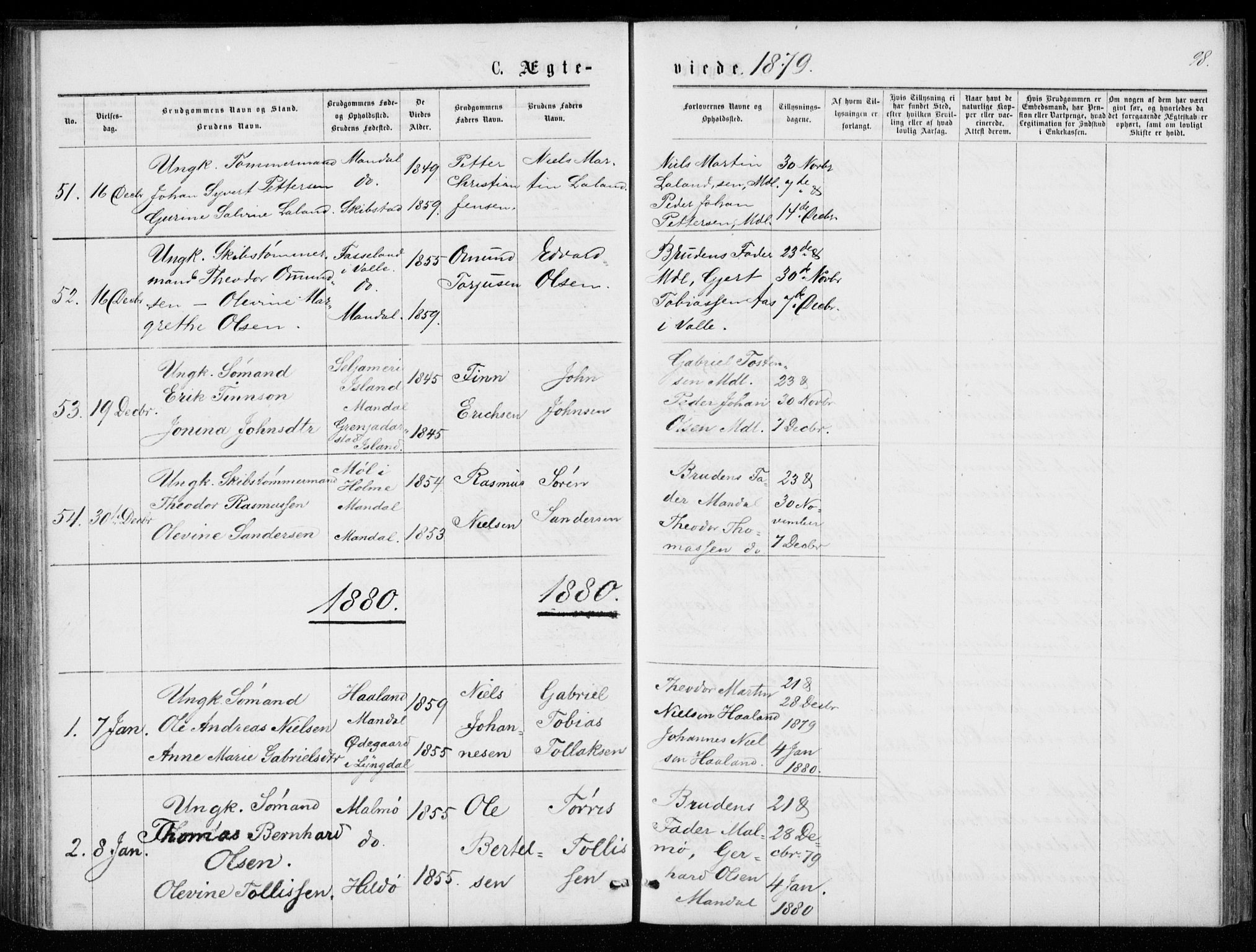 Mandal sokneprestkontor, SAK/1111-0030/F/Fb/Fba/L0010: Parish register (copy) no. B 4, 1876-1880, p. 98