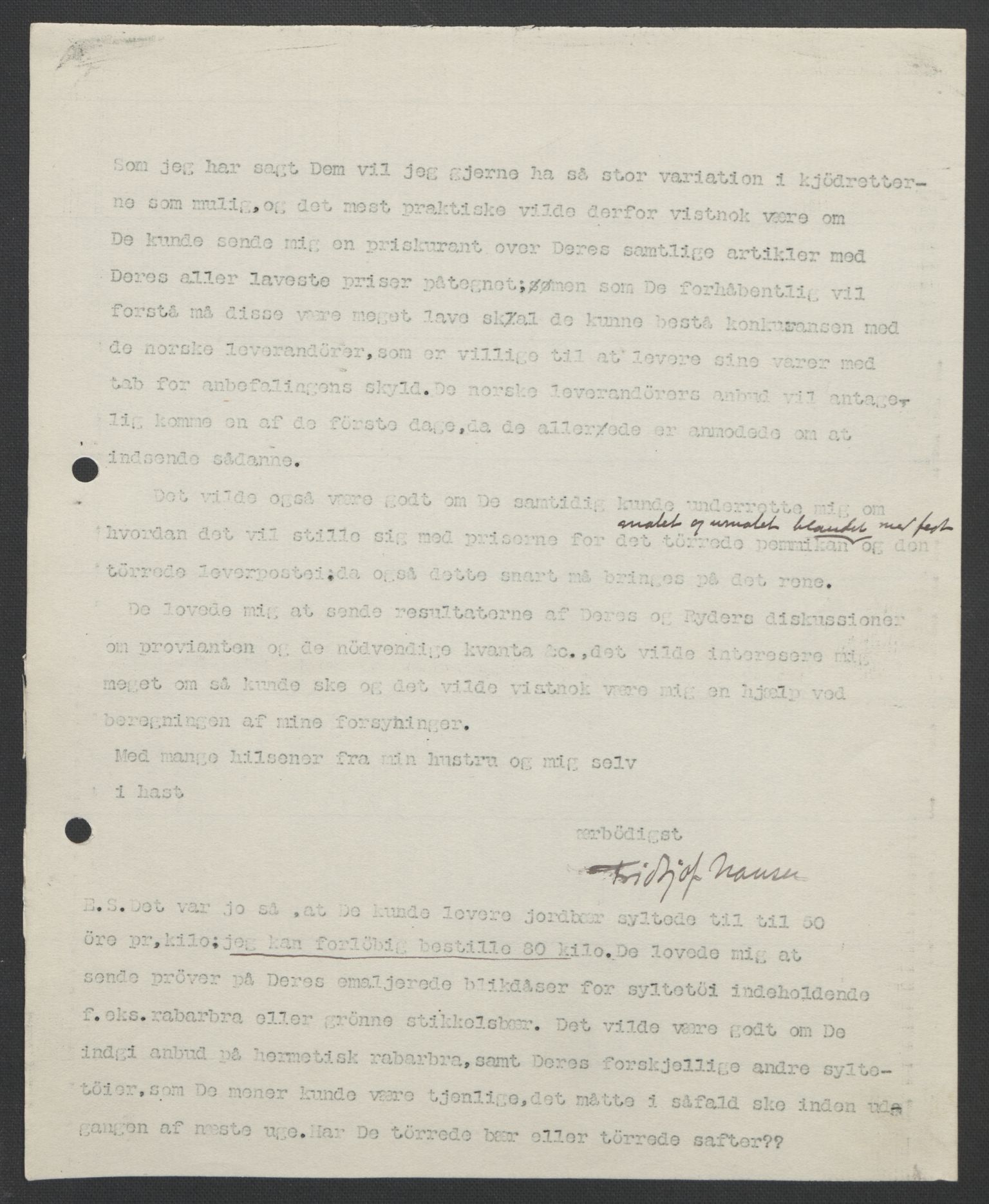 Arbeidskomitéen for Fridtjof Nansens polarekspedisjon, AV/RA-PA-0061/D/L0004: Innk. brev og telegrammer vedr. proviant og utrustning, 1892-1893, p. 37