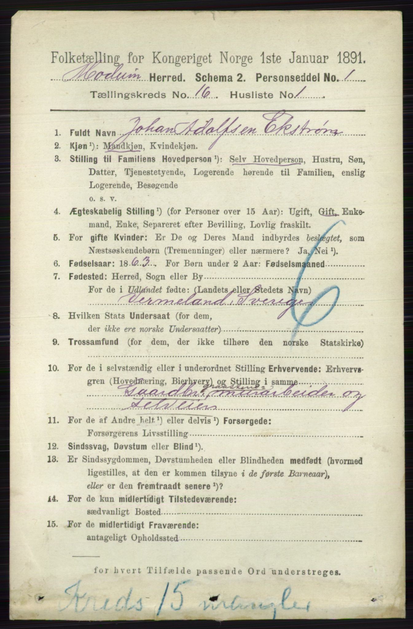 RA, 1891 census for 0623 Modum, 1891, p. 6186