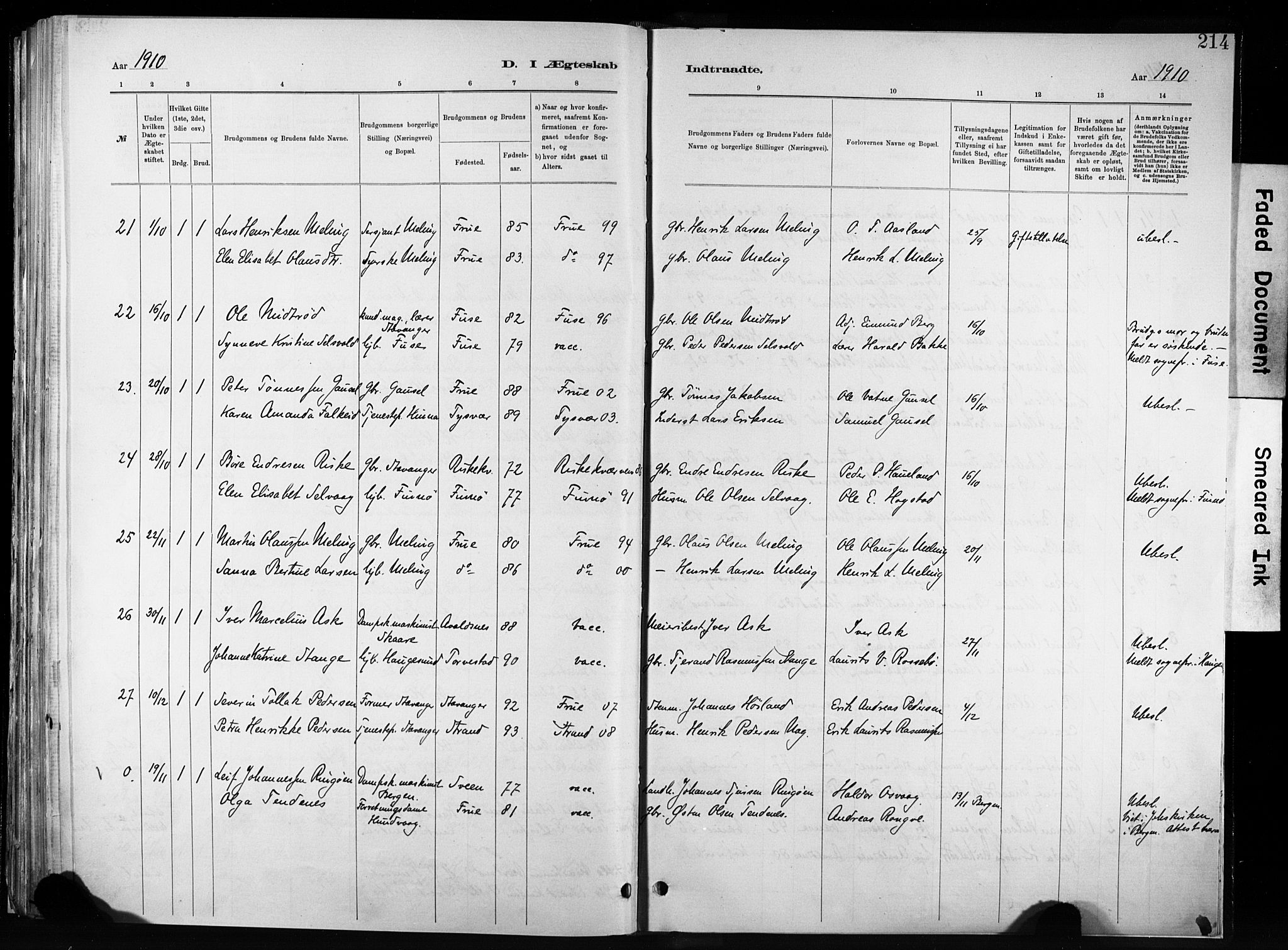 Hetland sokneprestkontor, SAST/A-101826/30/30BA/L0011: Parish register (official) no. A 11, 1884-1911, p. 214