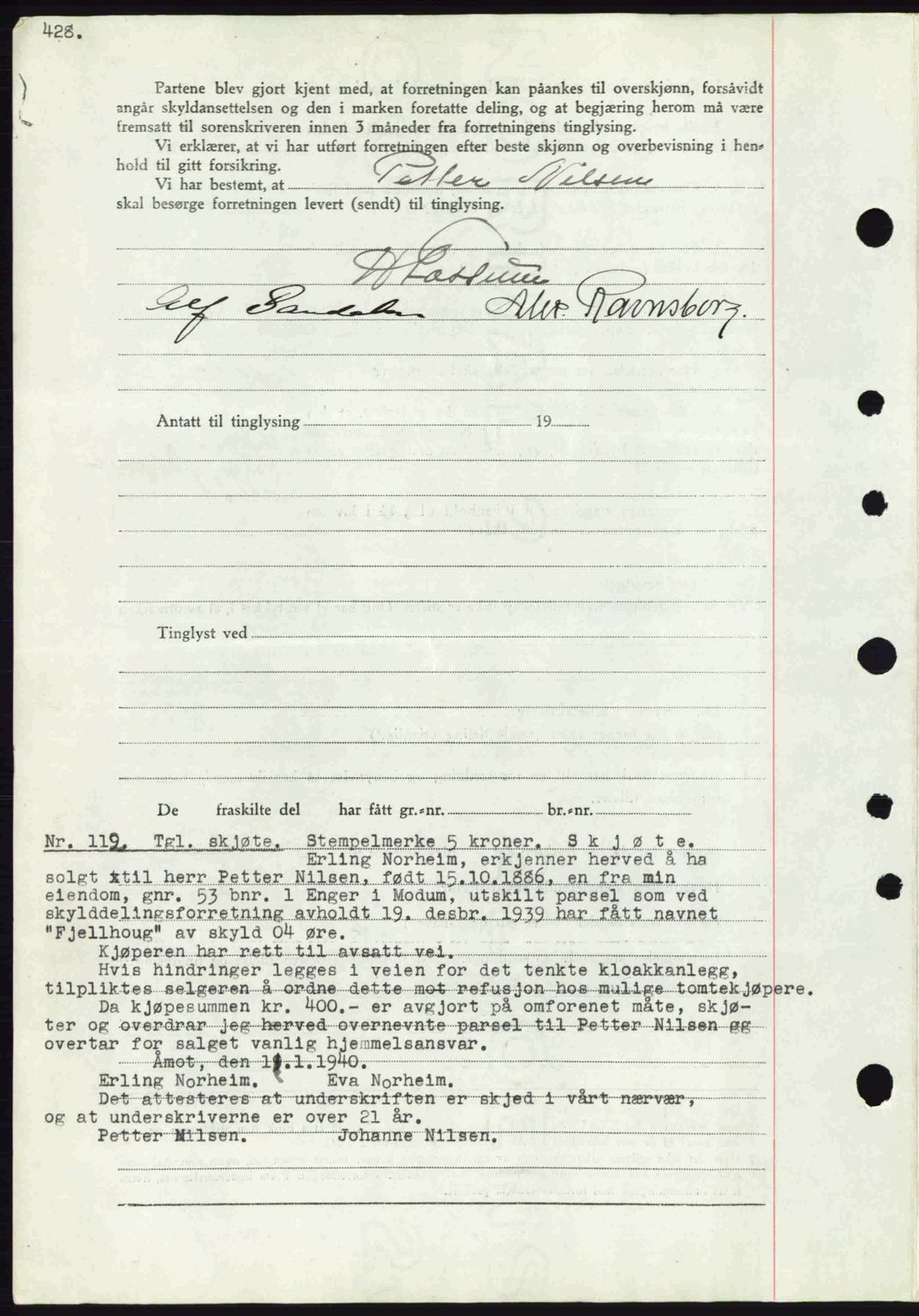 Eiker, Modum og Sigdal sorenskriveri, SAKO/A-123/G/Ga/Gab/L0041: Mortgage book no. A11, 1939-1940, Diary no: : 112/1940