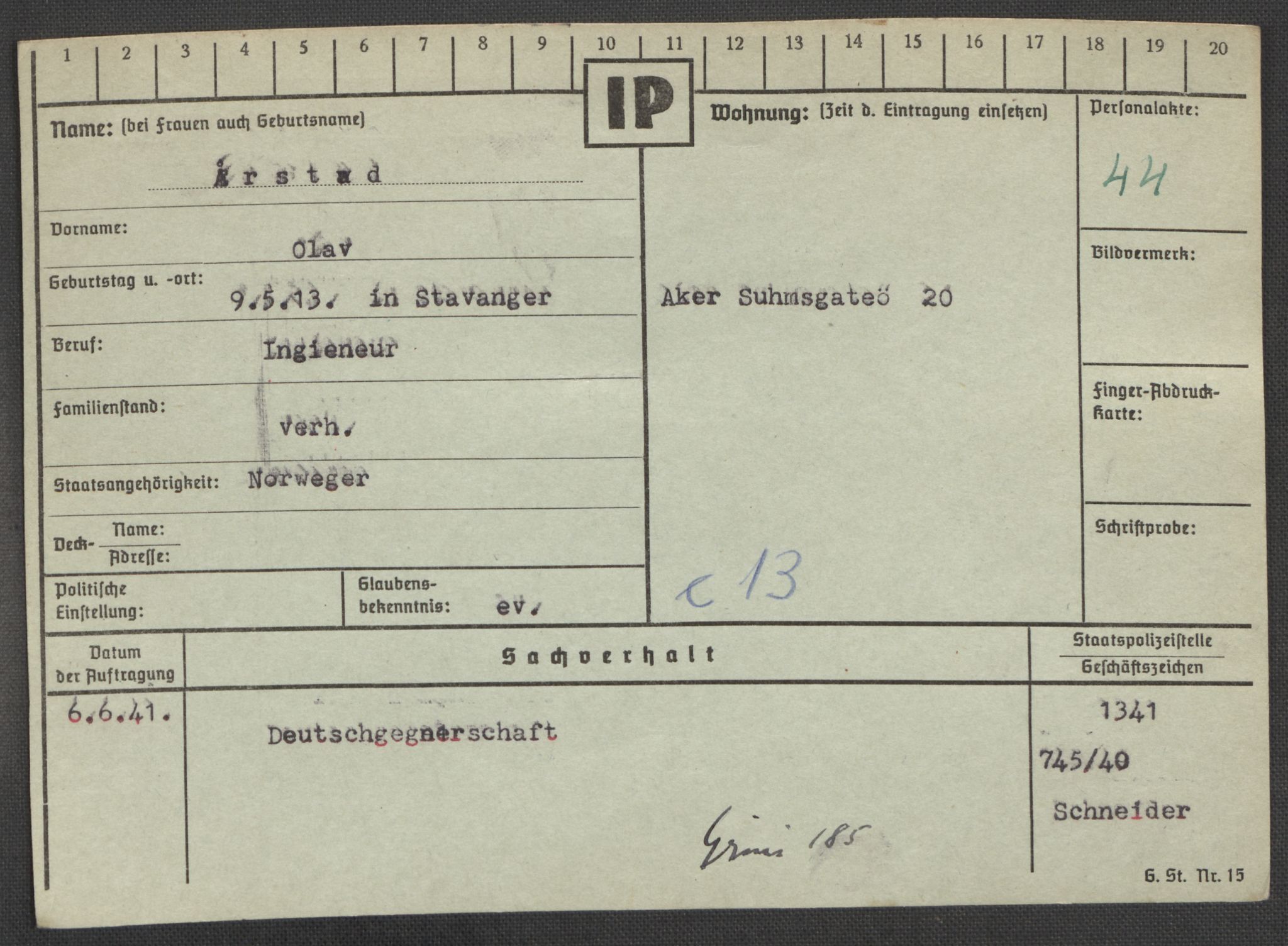 Befehlshaber der Sicherheitspolizei und des SD, RA/RAFA-5969/E/Ea/Eaa/L0010: Register over norske fanger i Møllergata 19: Sø-Å, 1940-1945, p. 1470
