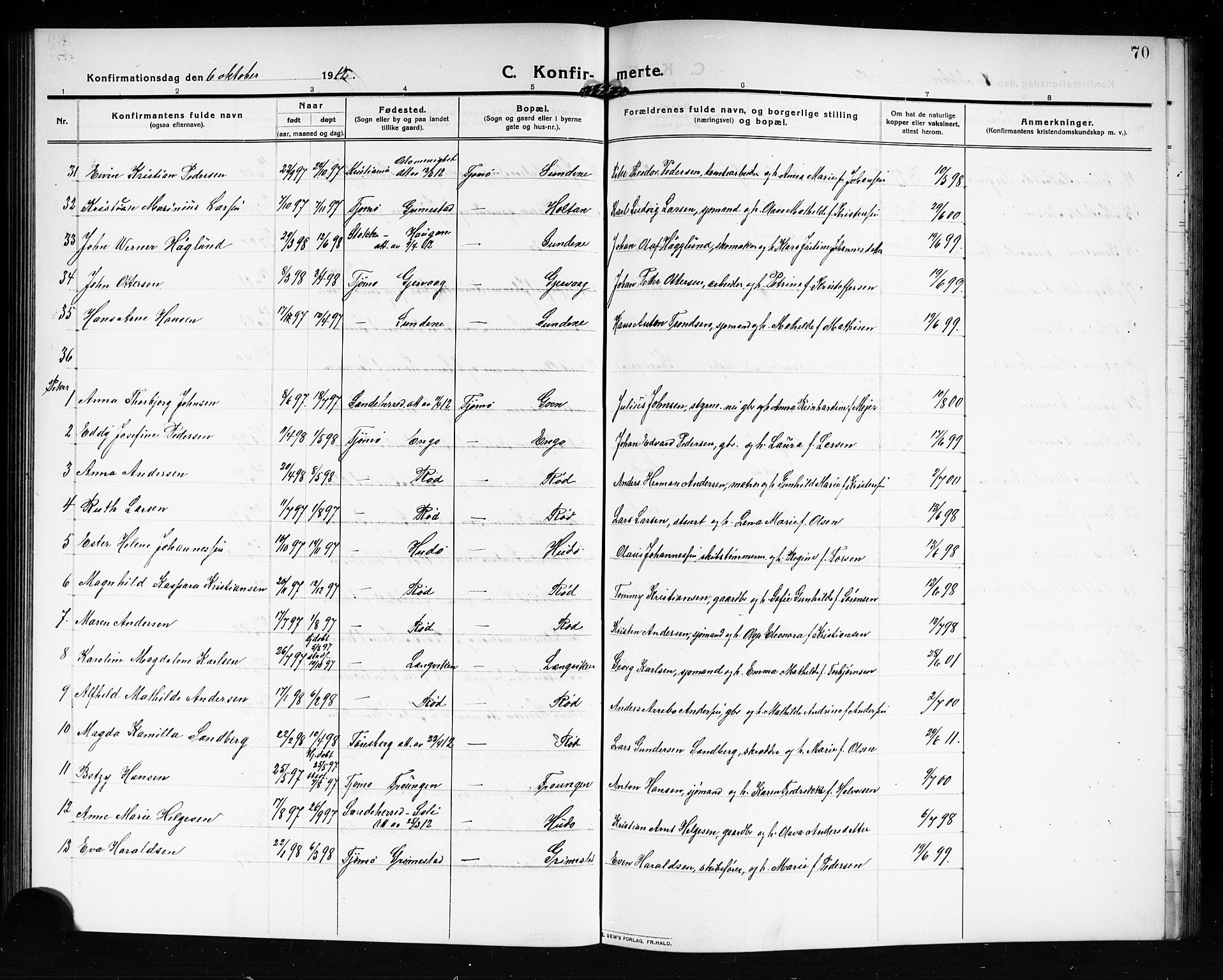 Tjøme kirkebøker, AV/SAKO-A-328/G/Ga/L0002: Parish register (copy) no. I 2, 1911-1920, p. 70