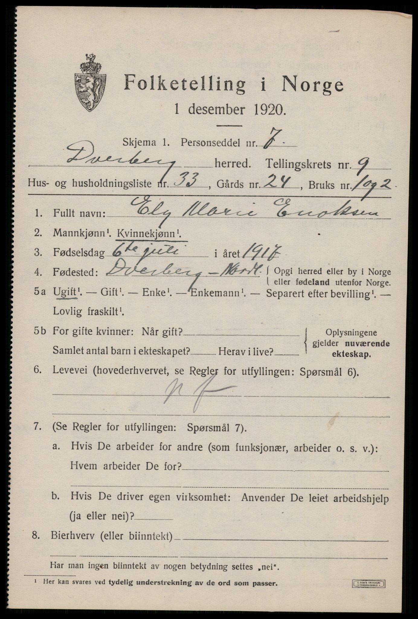 SAT, 1920 census for Dverberg, 1920, p. 8284