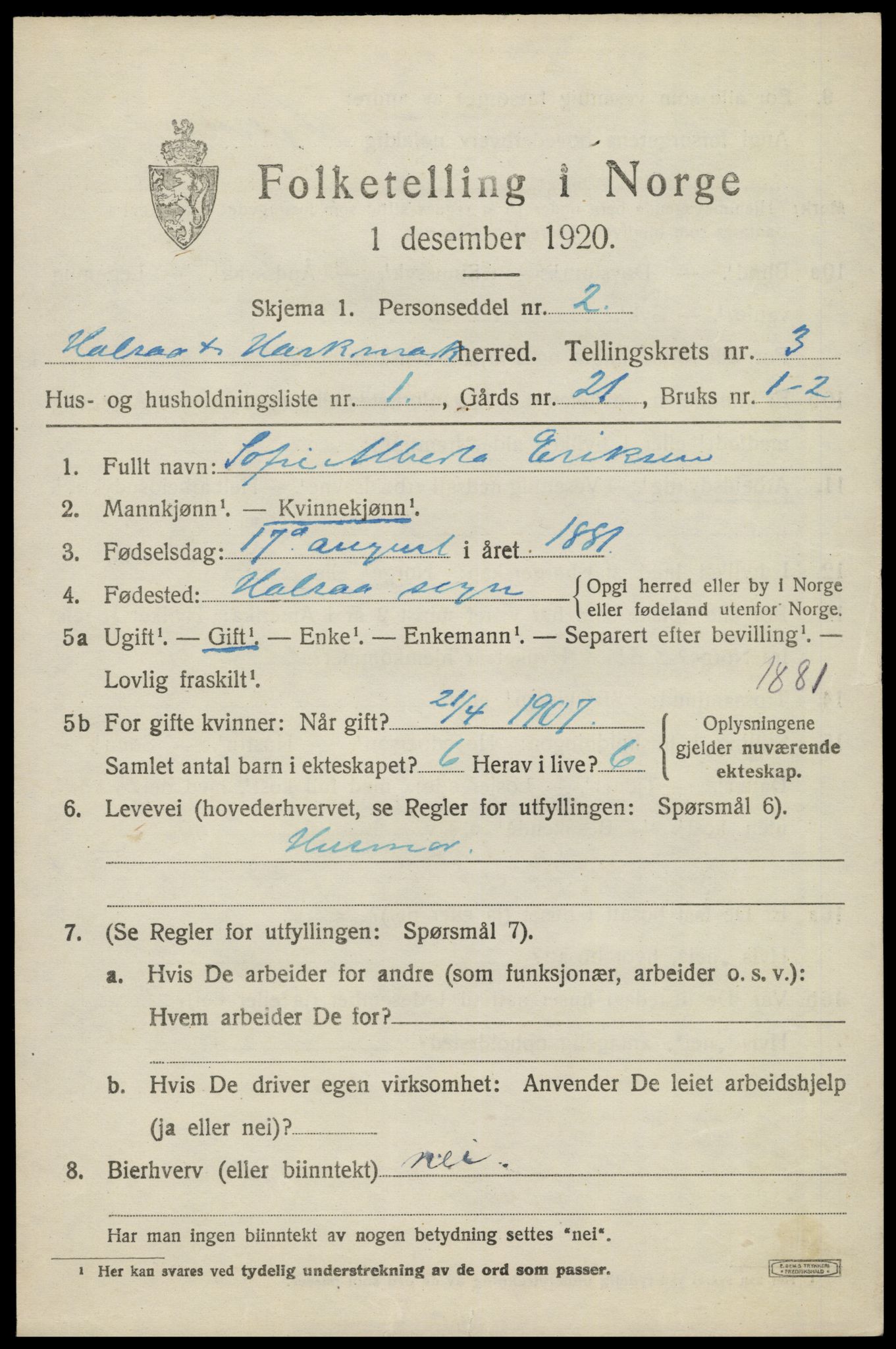 SAK, 1920 census for Halse og Harkmark, 1920, p. 2411