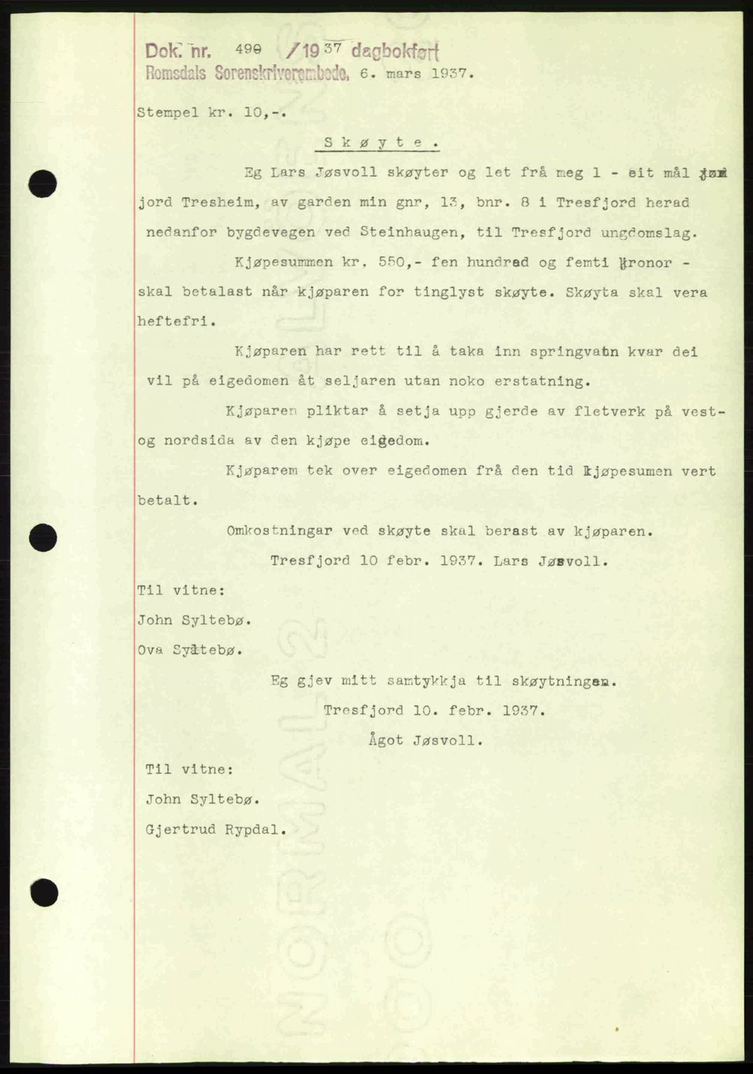 Romsdal sorenskriveri, SAT/A-4149/1/2/2C: Mortgage book no. A2, 1936-1937, Diary no: : 490/1937