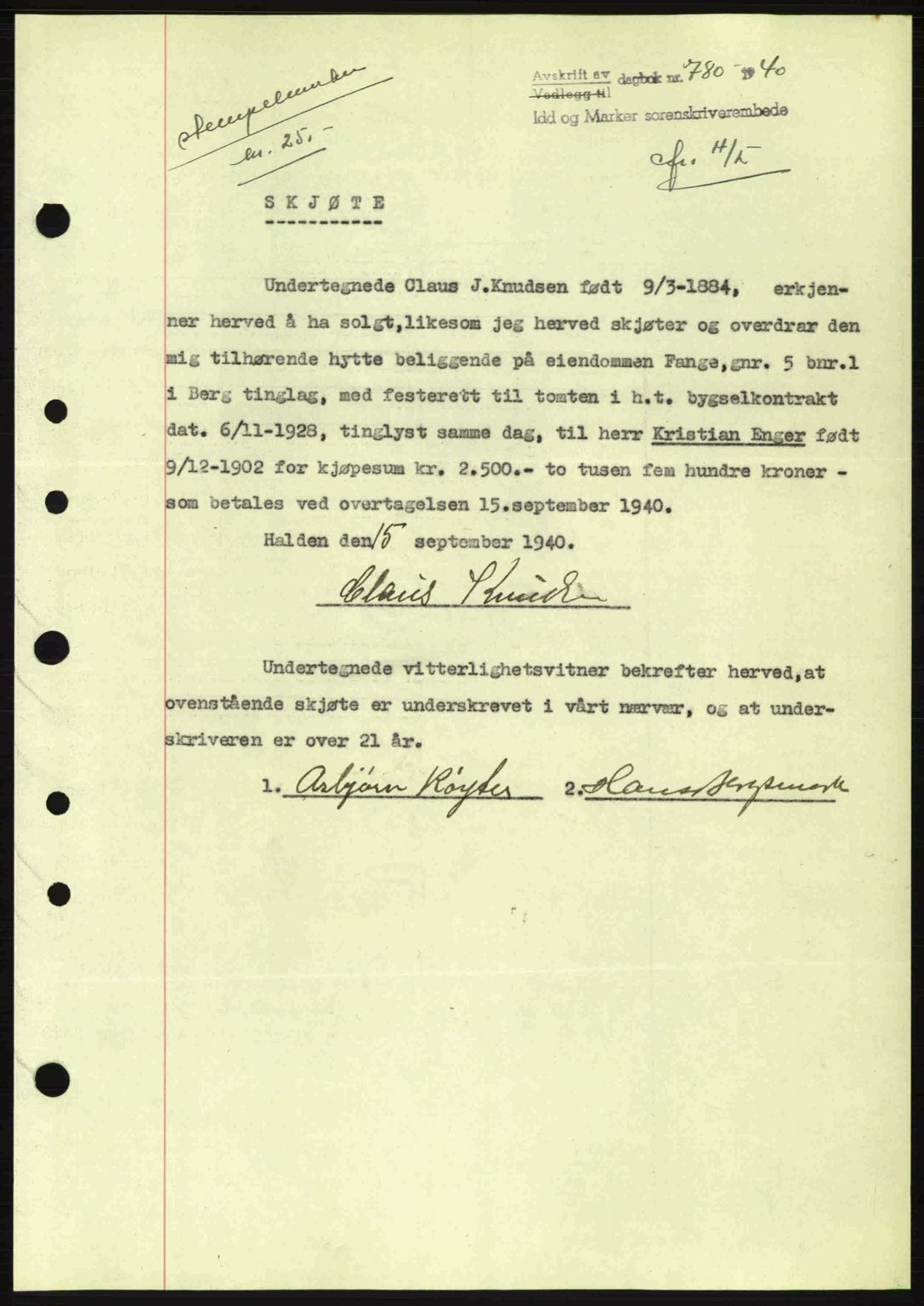 Idd og Marker sorenskriveri, AV/SAO-A-10283/G/Gb/Gbb/L0004: Mortgage book no. A4, 1940-1941, Diary no: : 780/1940