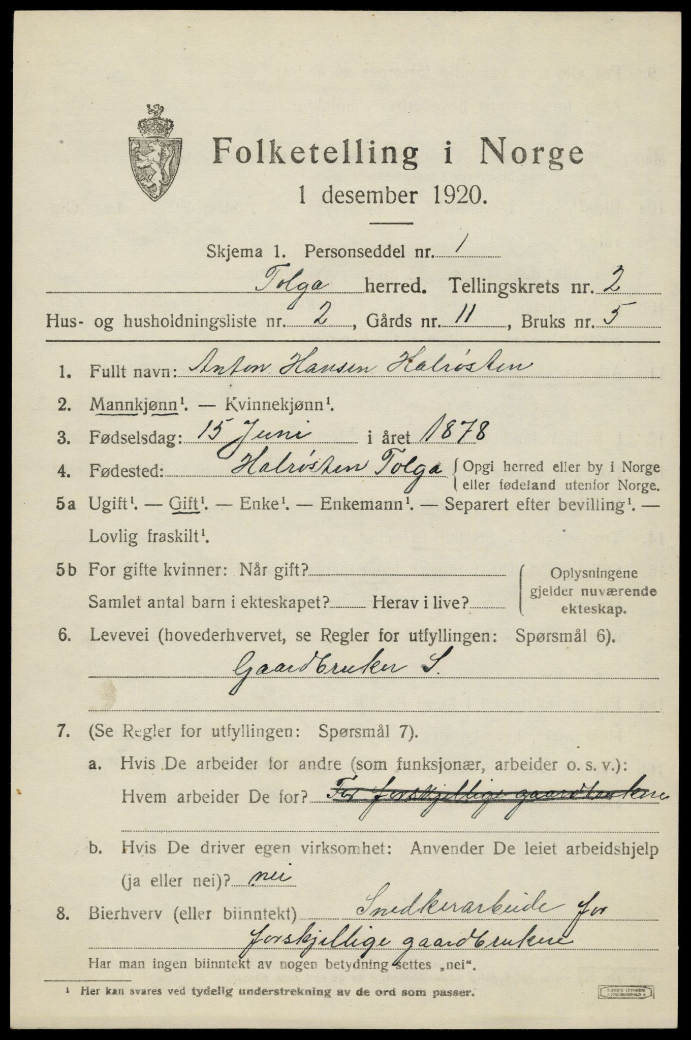 SAH, 1920 census for Tolga, 1920, p. 1673