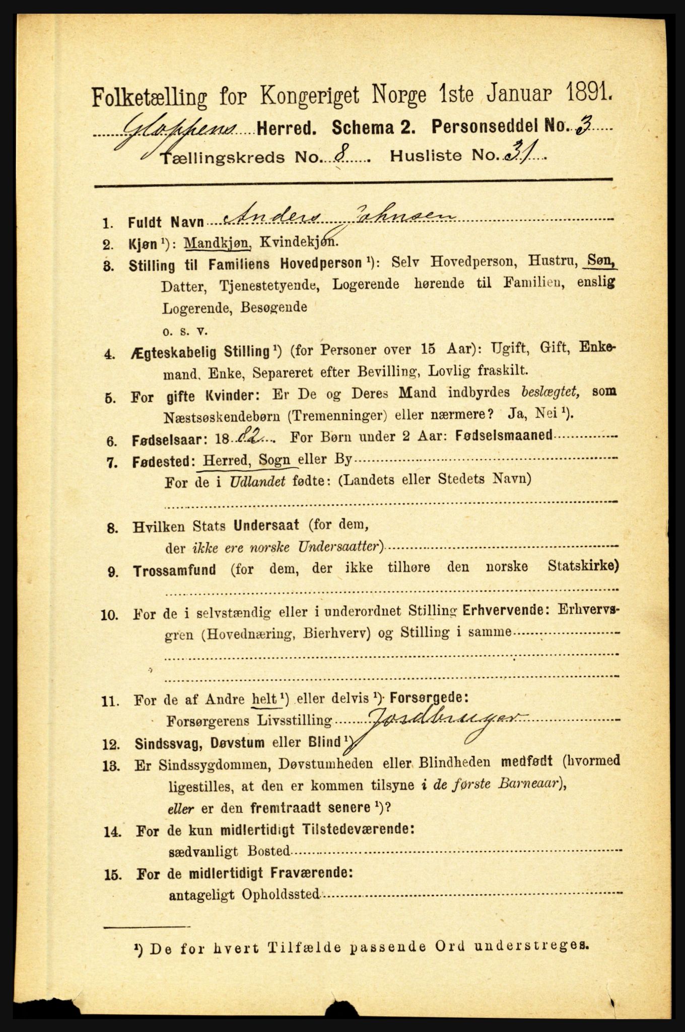 RA, 1891 census for 1445 Gloppen, 1891, p. 3354