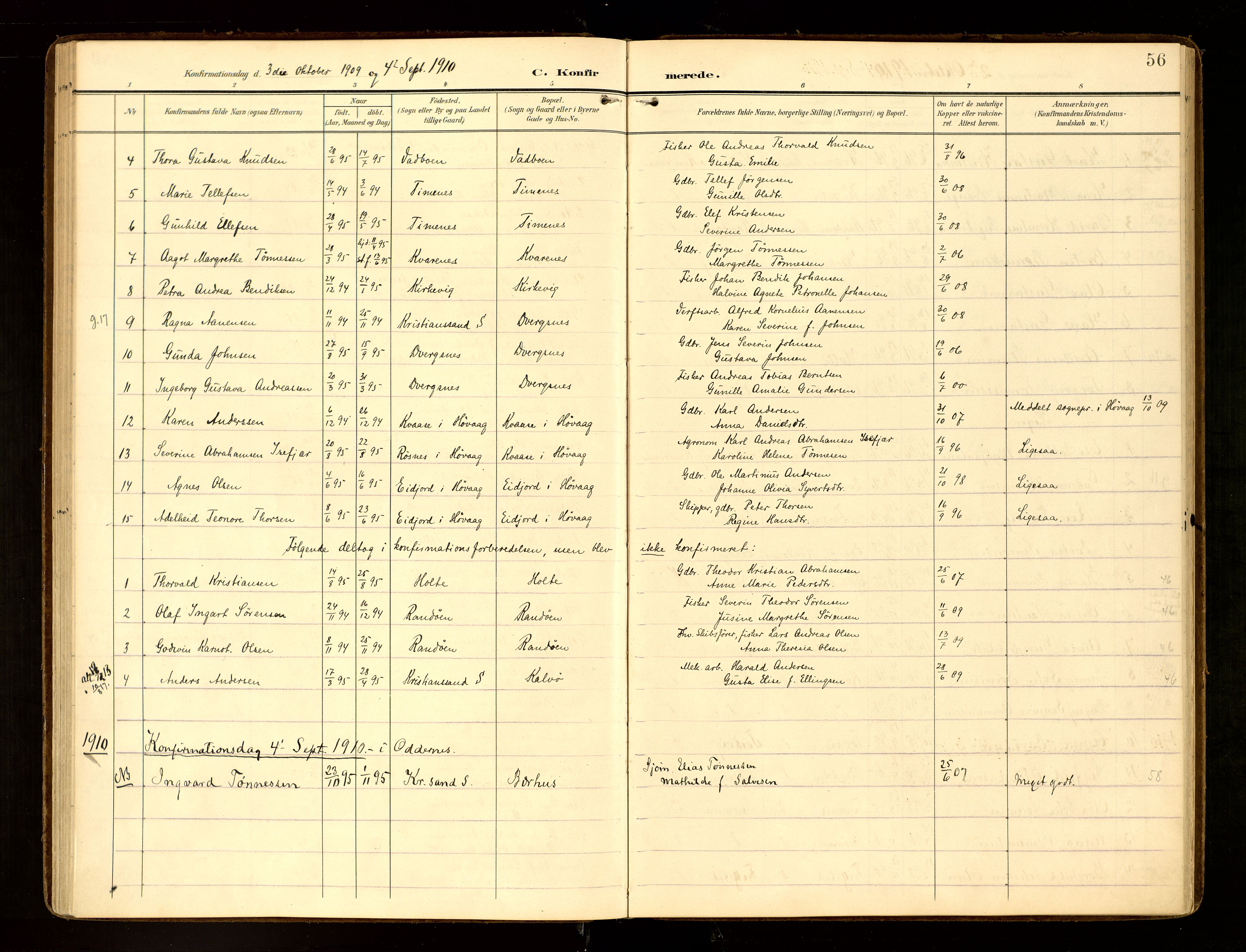 Oddernes sokneprestkontor, AV/SAK-1111-0033/F/Fa/Fab/L0003: Parish register (official) no. A 3, 1903-1916, p. 56