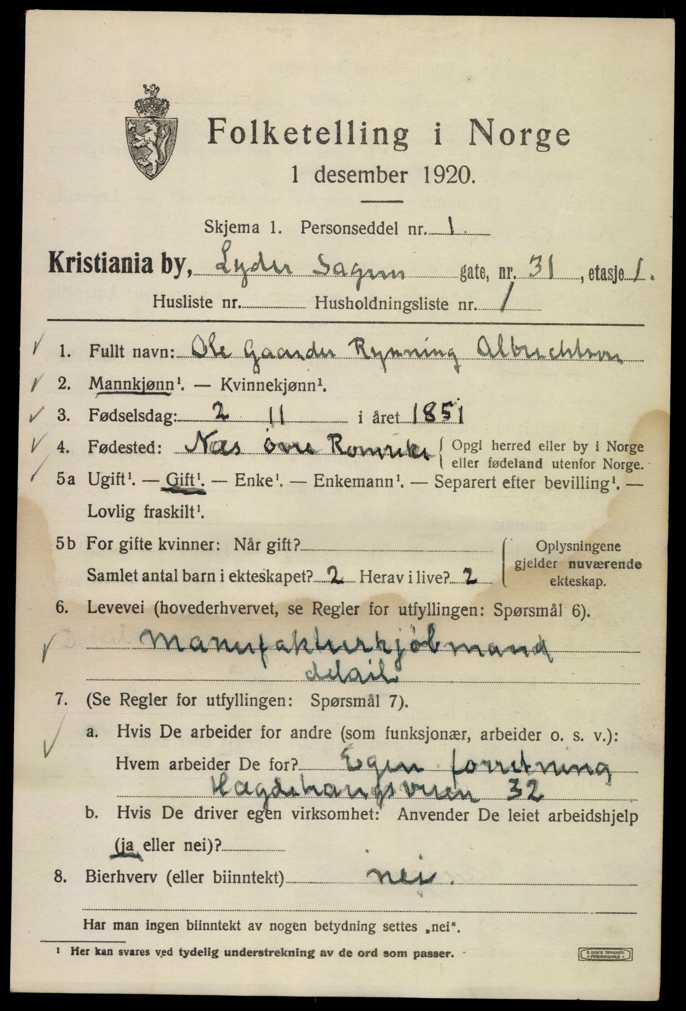 SAO, 1920 census for Kristiania, 1920, p. 366909