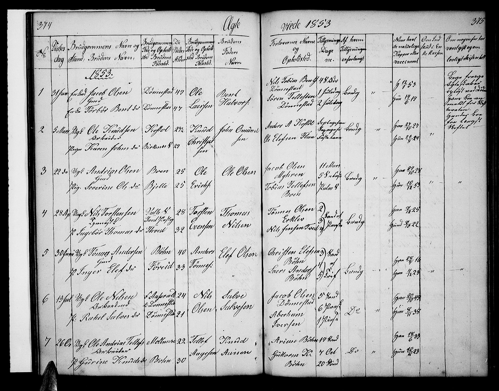 Tveit sokneprestkontor, AV/SAK-1111-0043/F/Fb/L0002: Parish register (copy) no. B 2, 1835-1854, p. 374-375