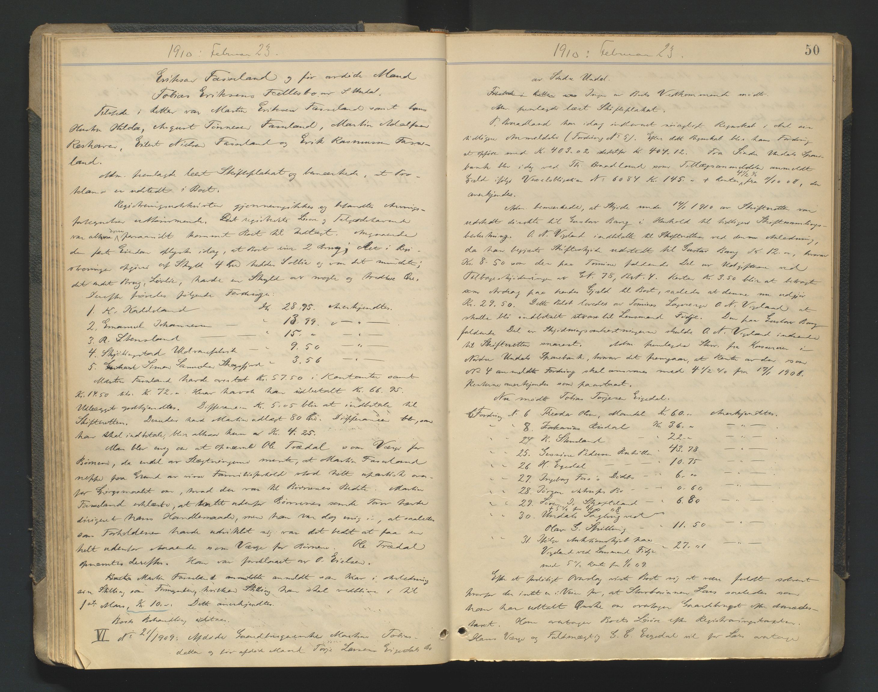 Mandal sorenskriveri, AV/SAK-1221-0005/001/H/Hc/L0081: Skifteforhandlingsprotokoll nr 13, 1909-1913, p. 50