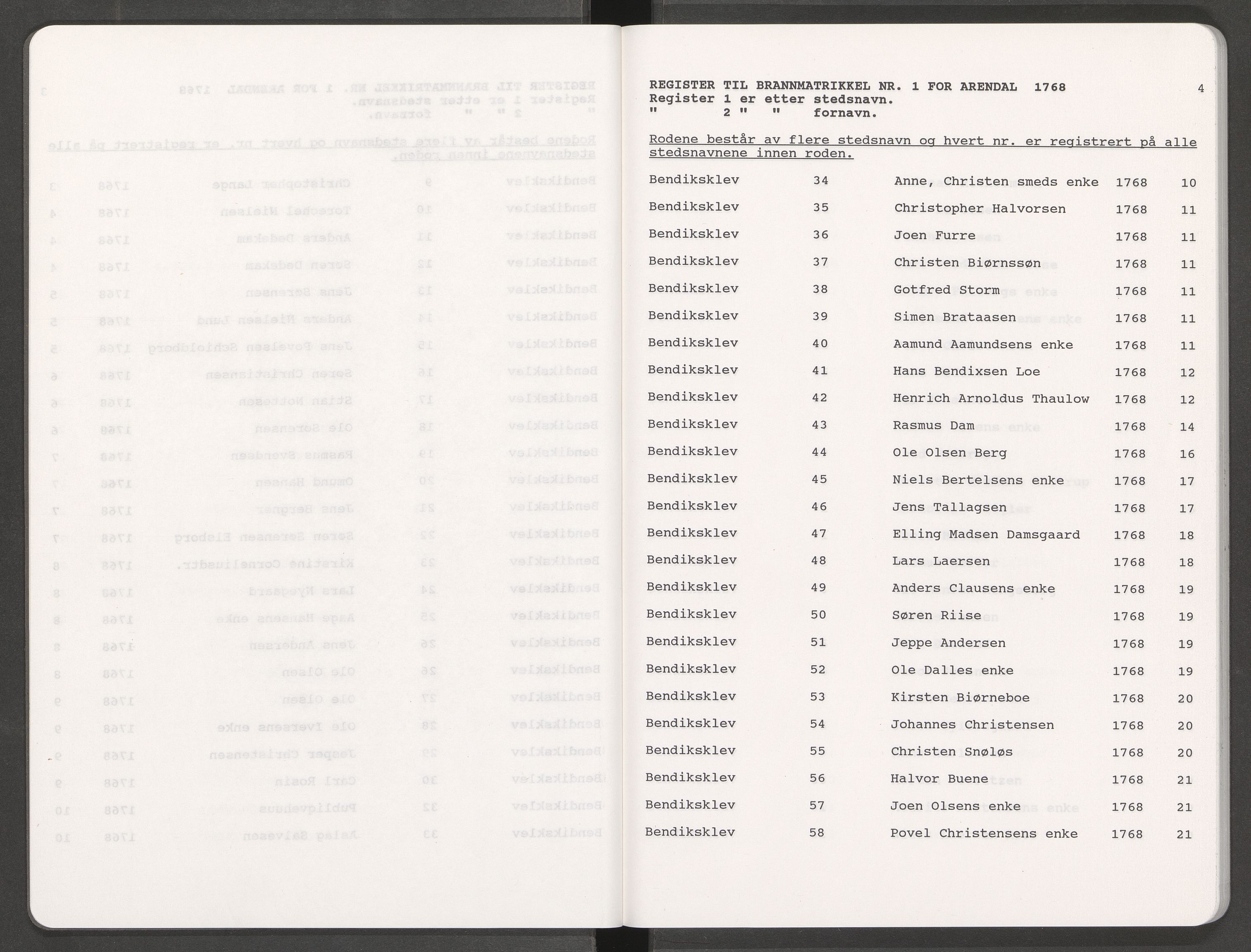 Norges Brannkasse Arendal, AV/SAK-2241-0002/F/Fa/L0001: Løst steds- og fornavnsregister til branntakstprotokoll nr. 1, 1768