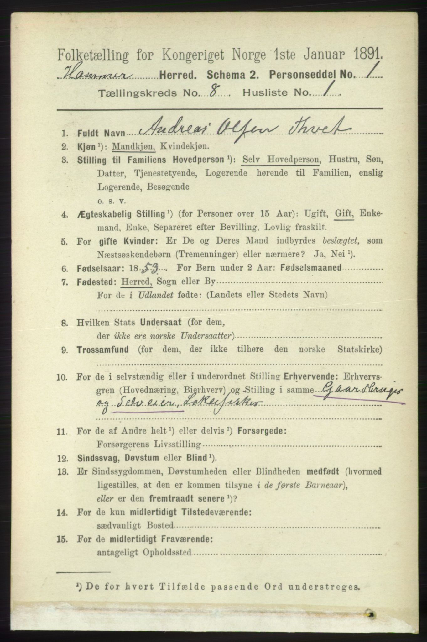 RA, 1891 census for 1254 Hamre, 1891, p. 1999