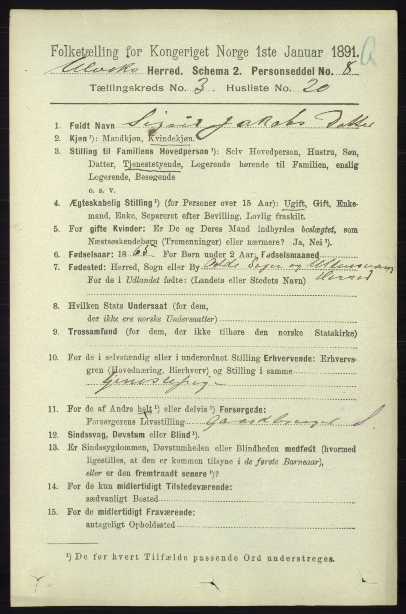 RA, 1891 census for 1233 Ulvik, 1891, p. 427